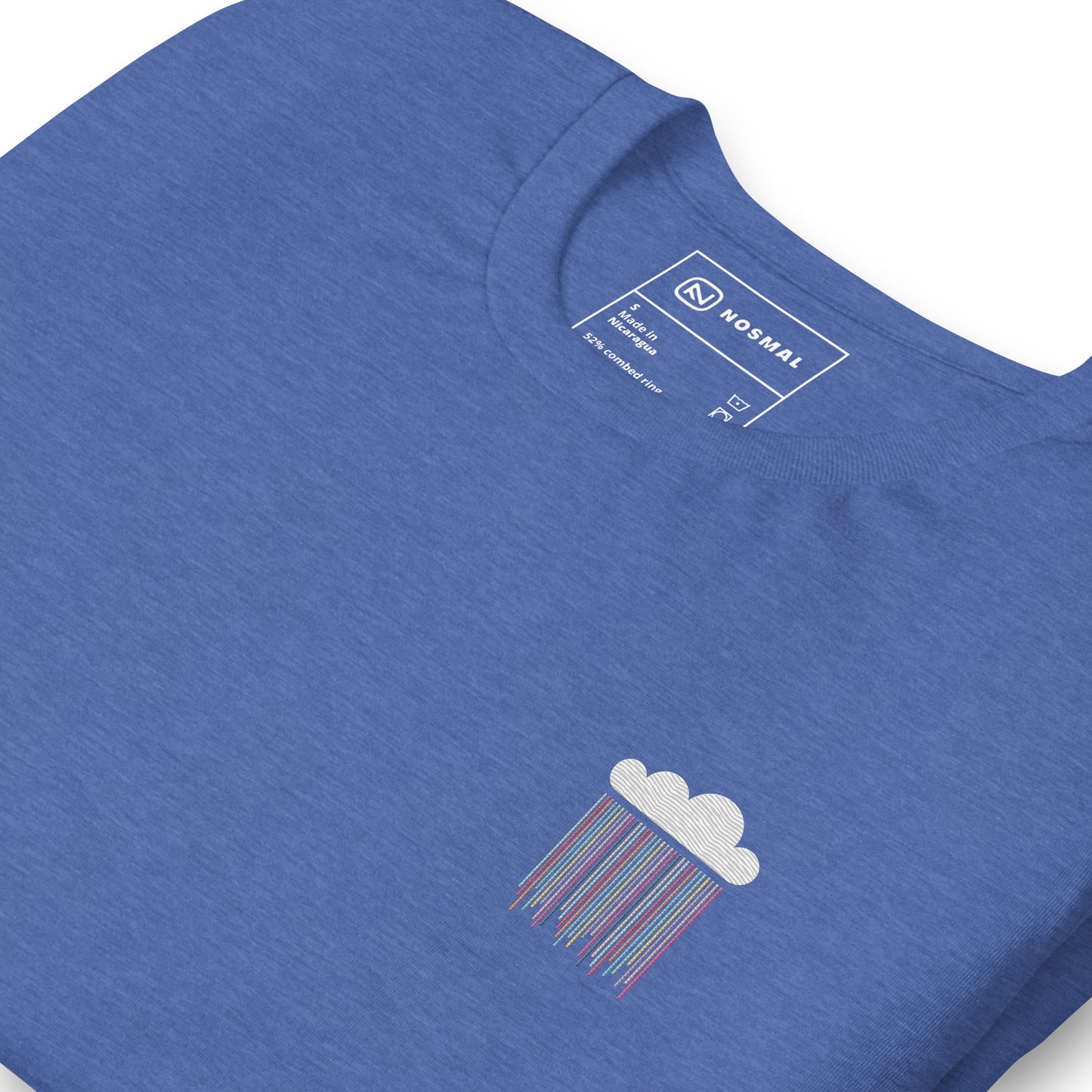 Angled close up prism rain embroidered design on heather true royal unisex t-shirt.