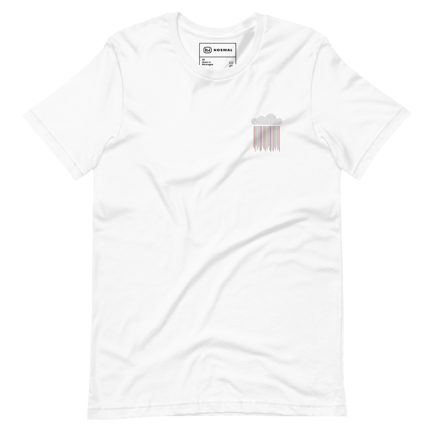 Straight on view of prism rain embroidered design on white unisex t-shirt.