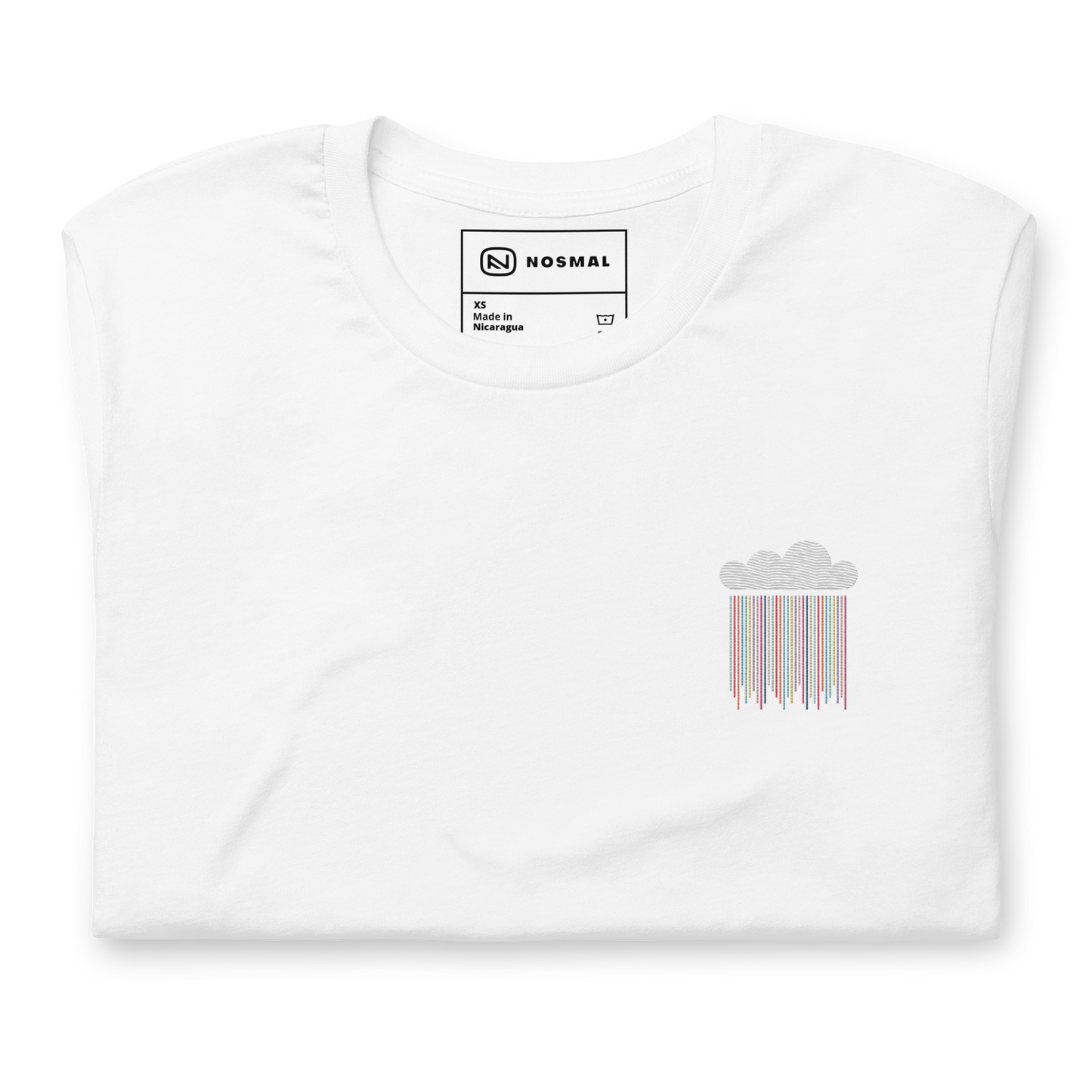 Straight on view of prism rain embroidered design on white unisex t-shirt.