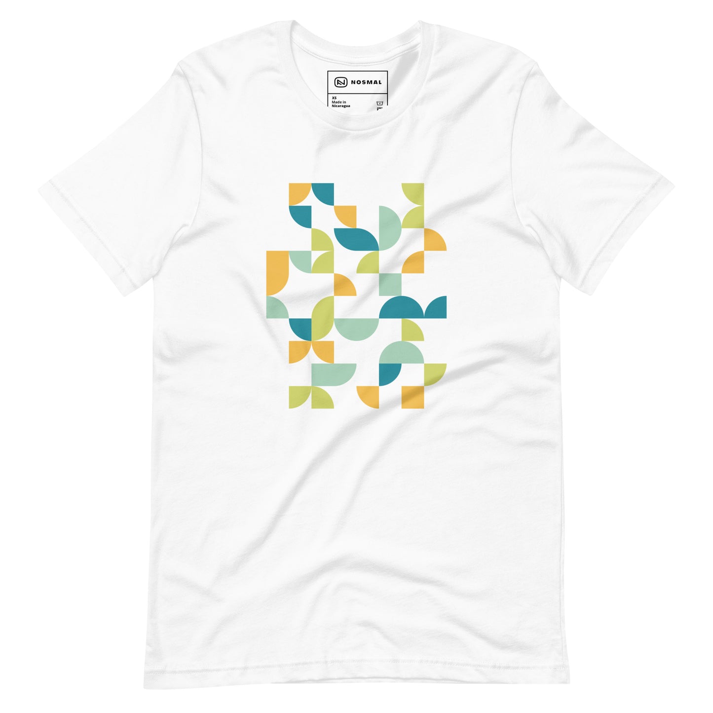 Straight on view of geometria I midday design on white unisex t-shirt.