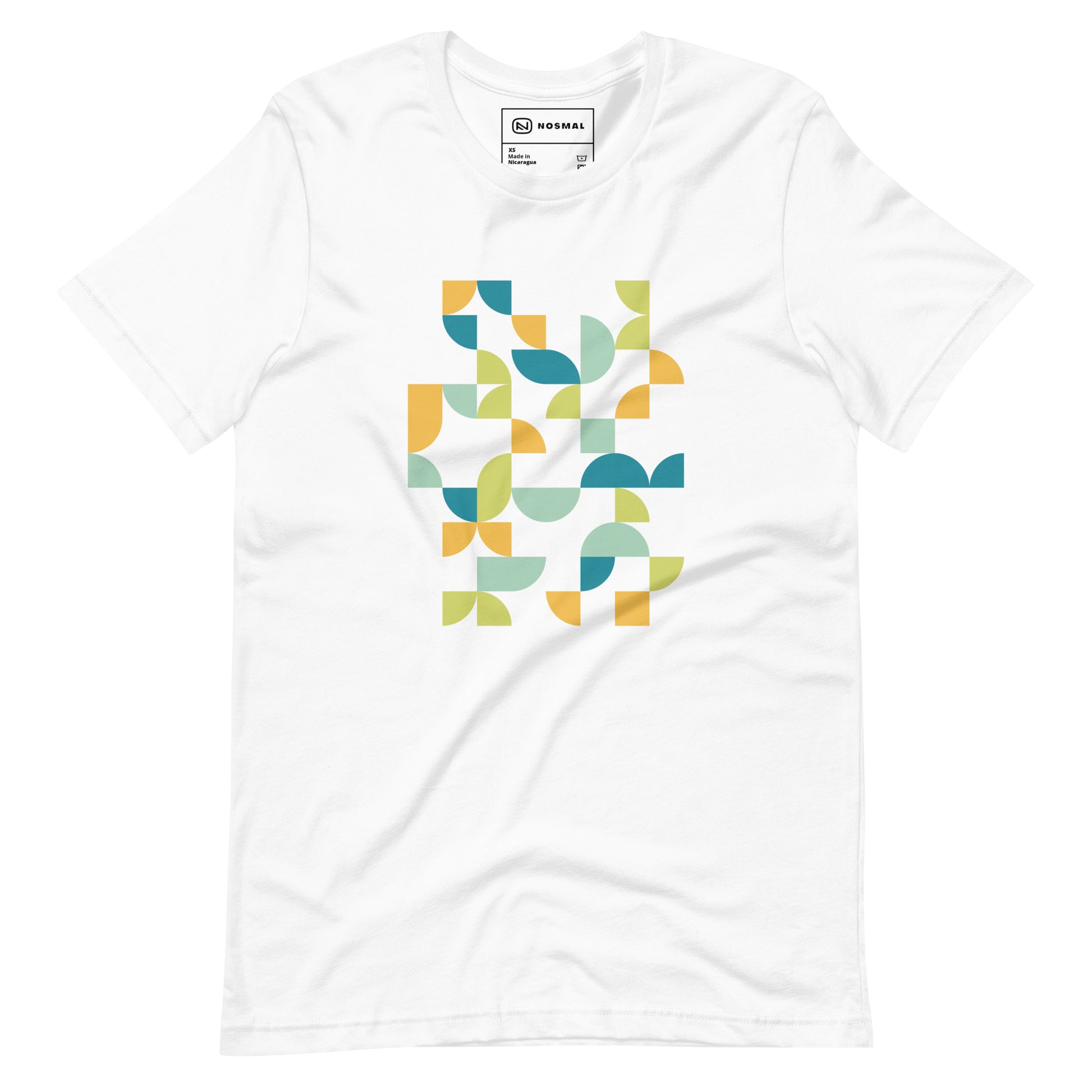 Straight on view of geometria I midday design on white unisex t-shirt.