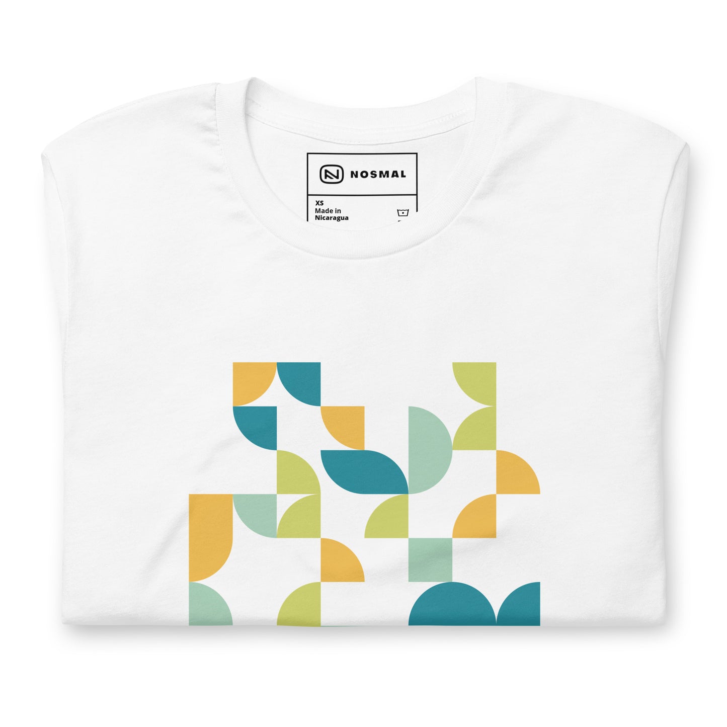Top down view of geometria I midday design on white unisex t-shirt.