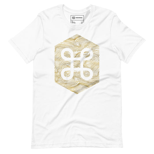 Straight on view of the commander gold design on white unisex t-shirt.