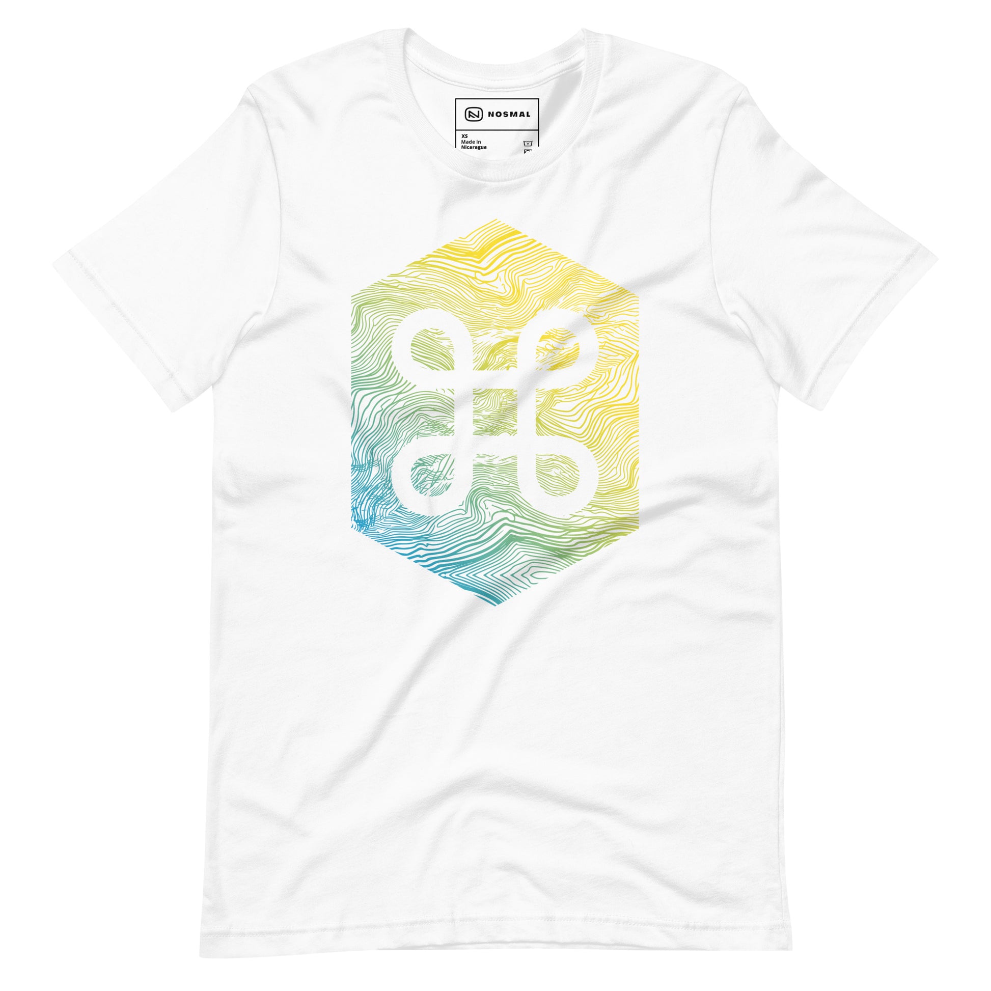 Straight on view of the commander gradient design on white unisex t-shirt.