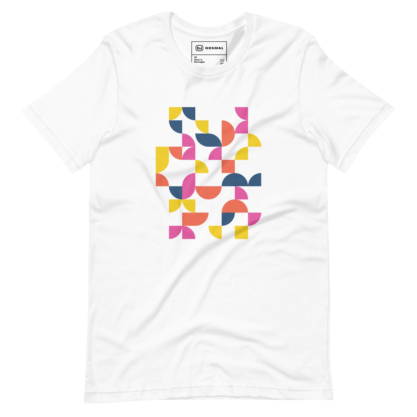 Straight on view of geometria I sunrise design on white unisex t-shirt.