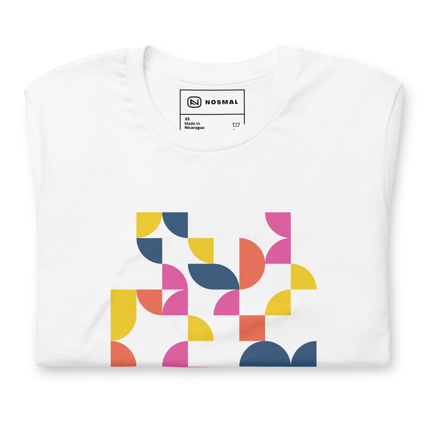 Top down view of geometria I sunrise design on white unisex t-shirt.