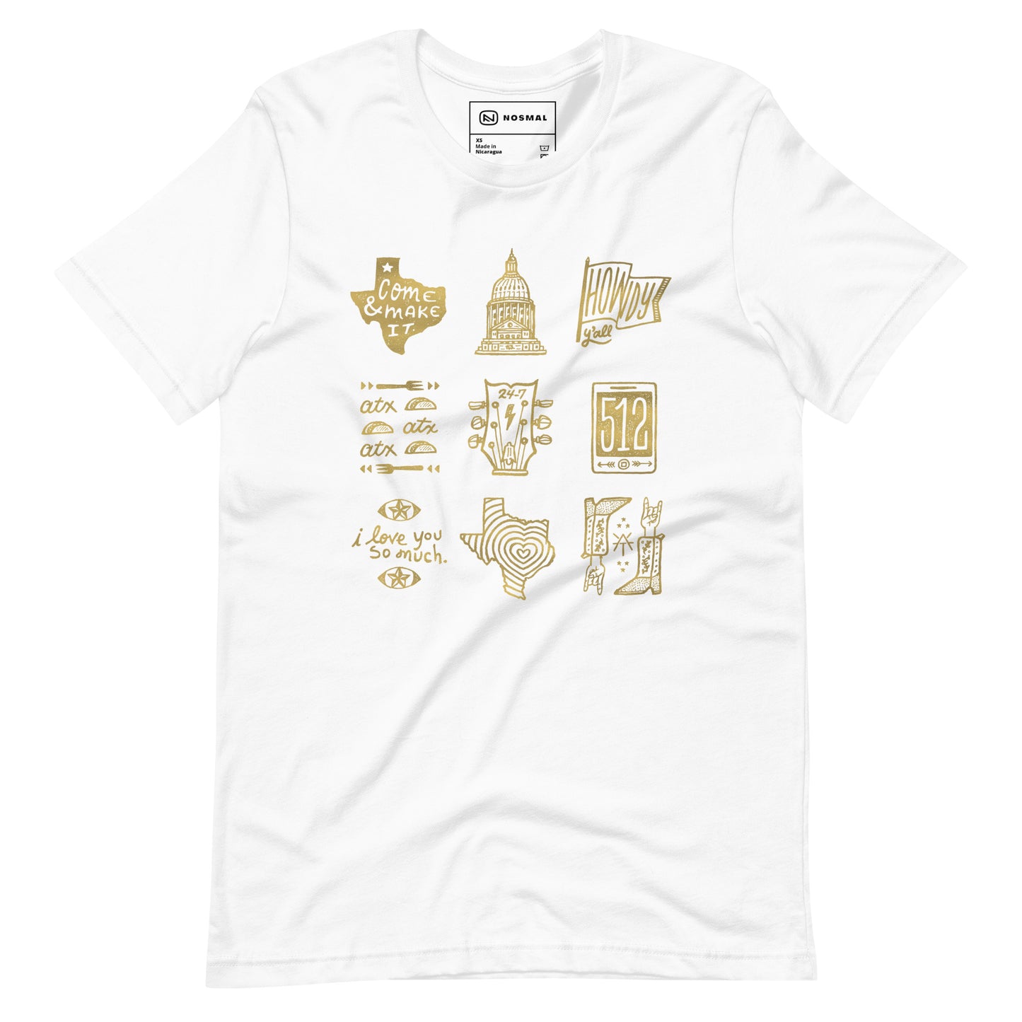 Straight on view of ode to 512 gold design on white unisex t-shirt.