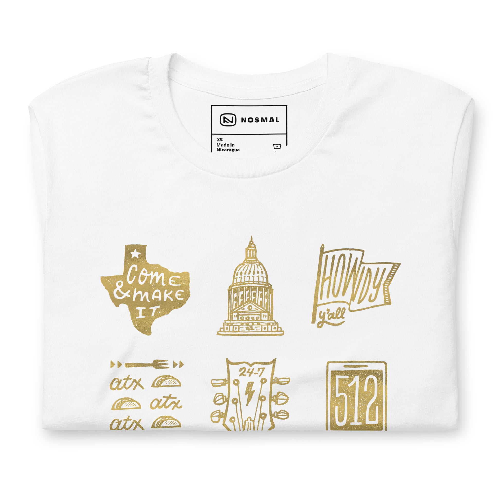 Top down view of ode to 512 gold design on white unisex t-shirt.