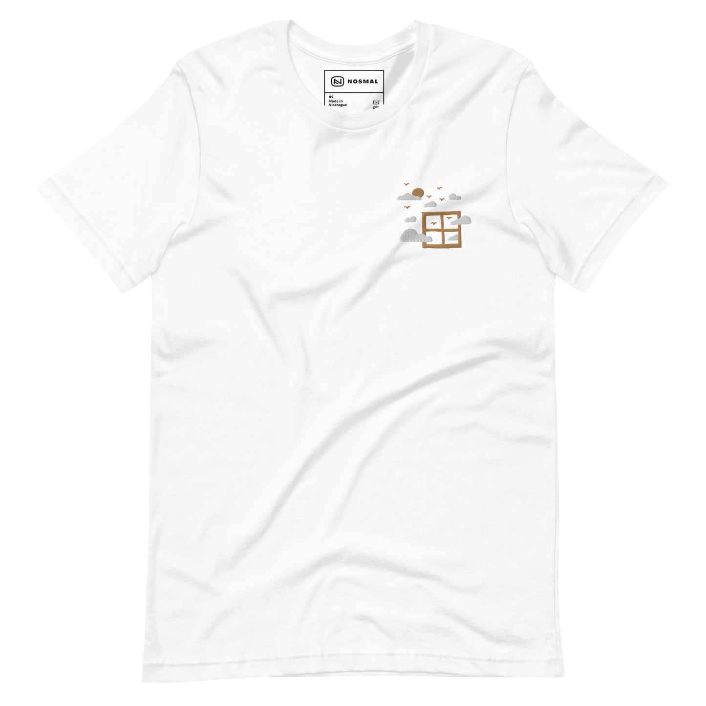 Straight on view of fresh air embroidered design on white unisex t-shirt.