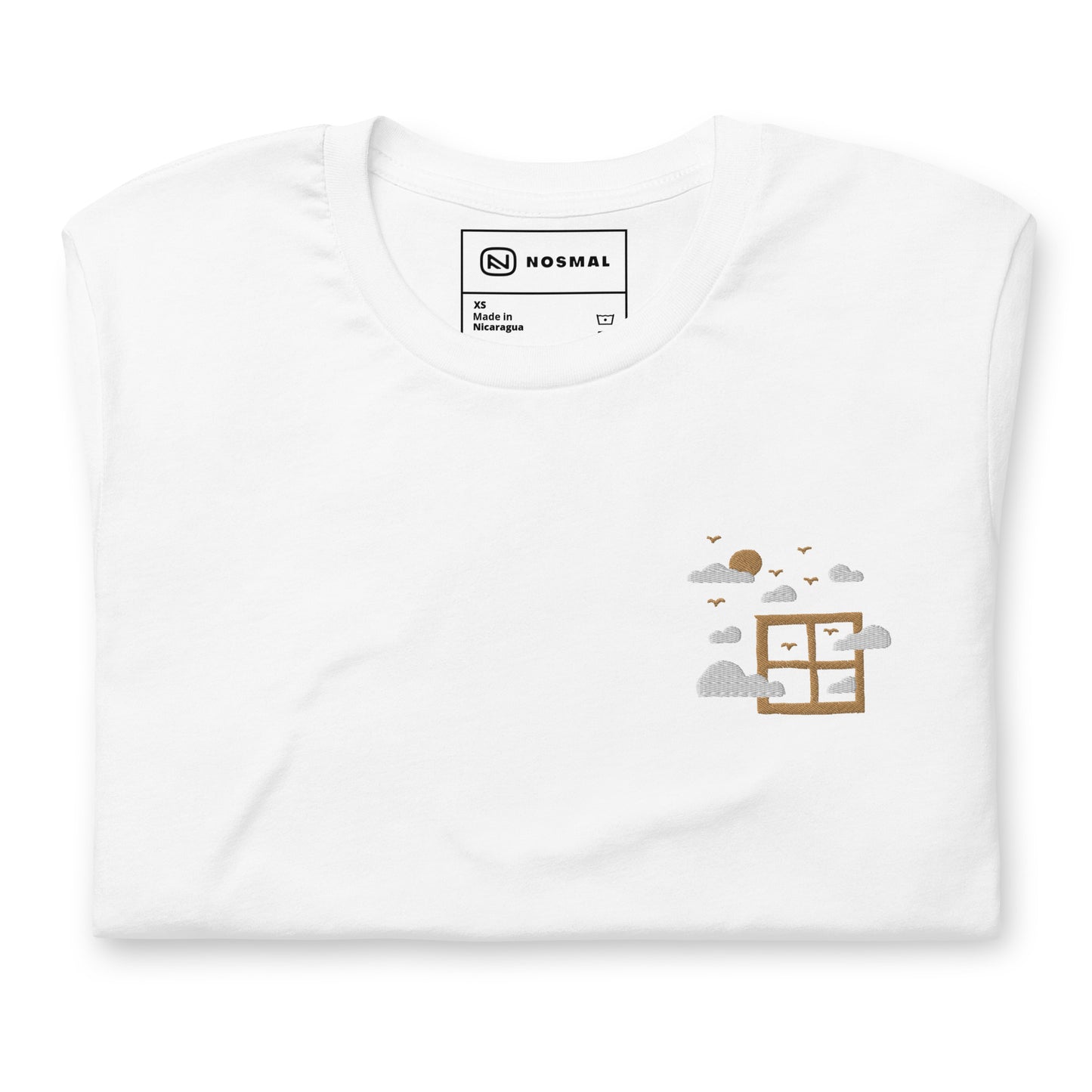 Top down view of fresh air embroidered design on white unisex t-shirt.