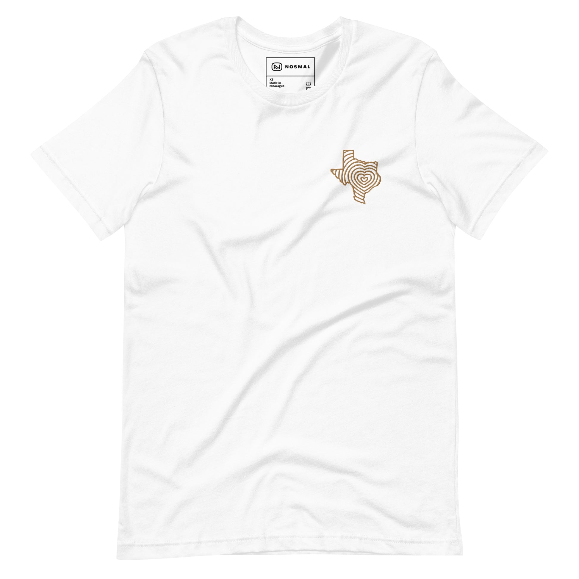 Straight on view of heartbeat of texas gold embroidered design on white unisex t-shirt.