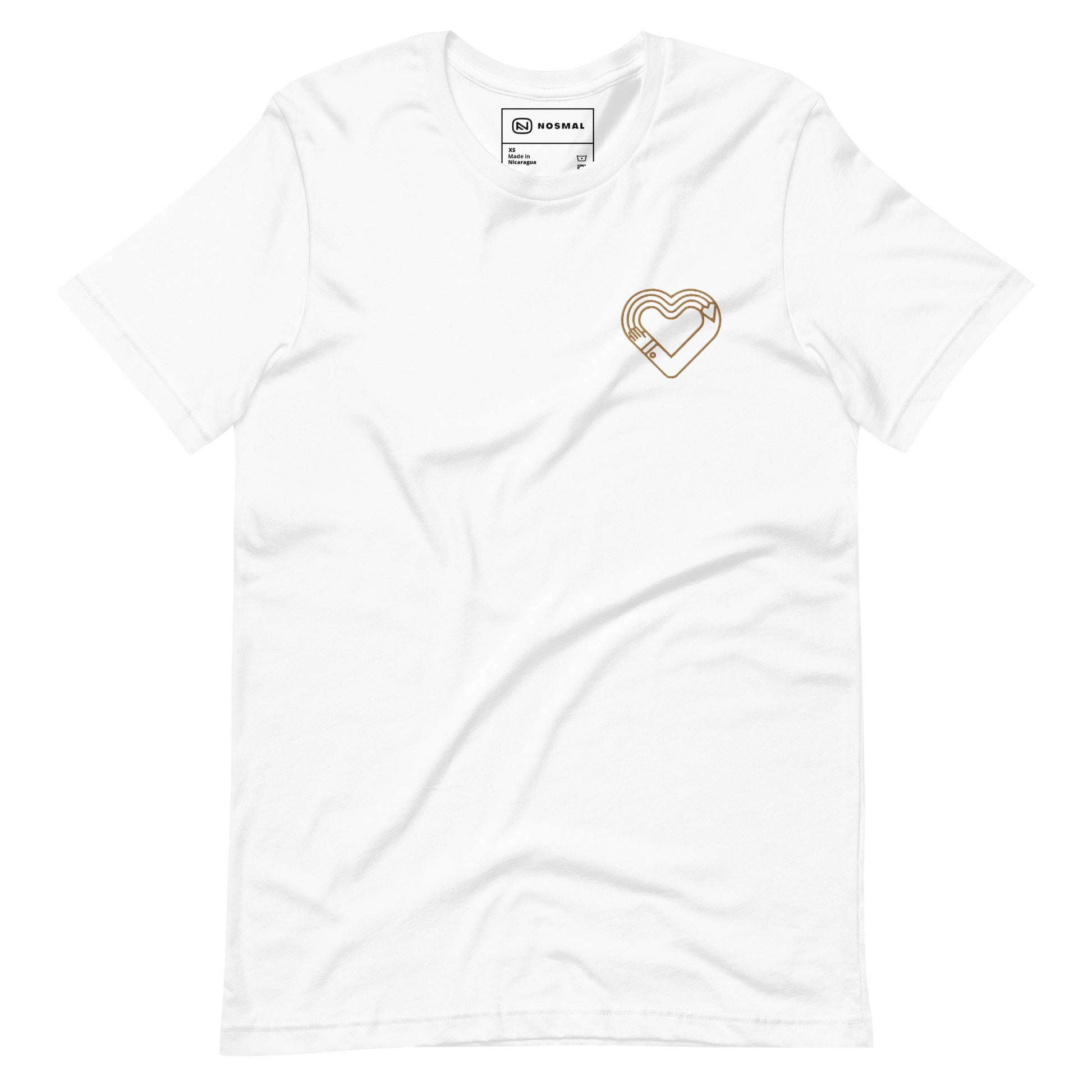 Straight on view of maker's heart II gold embroidered design on white unisex t-shirt.