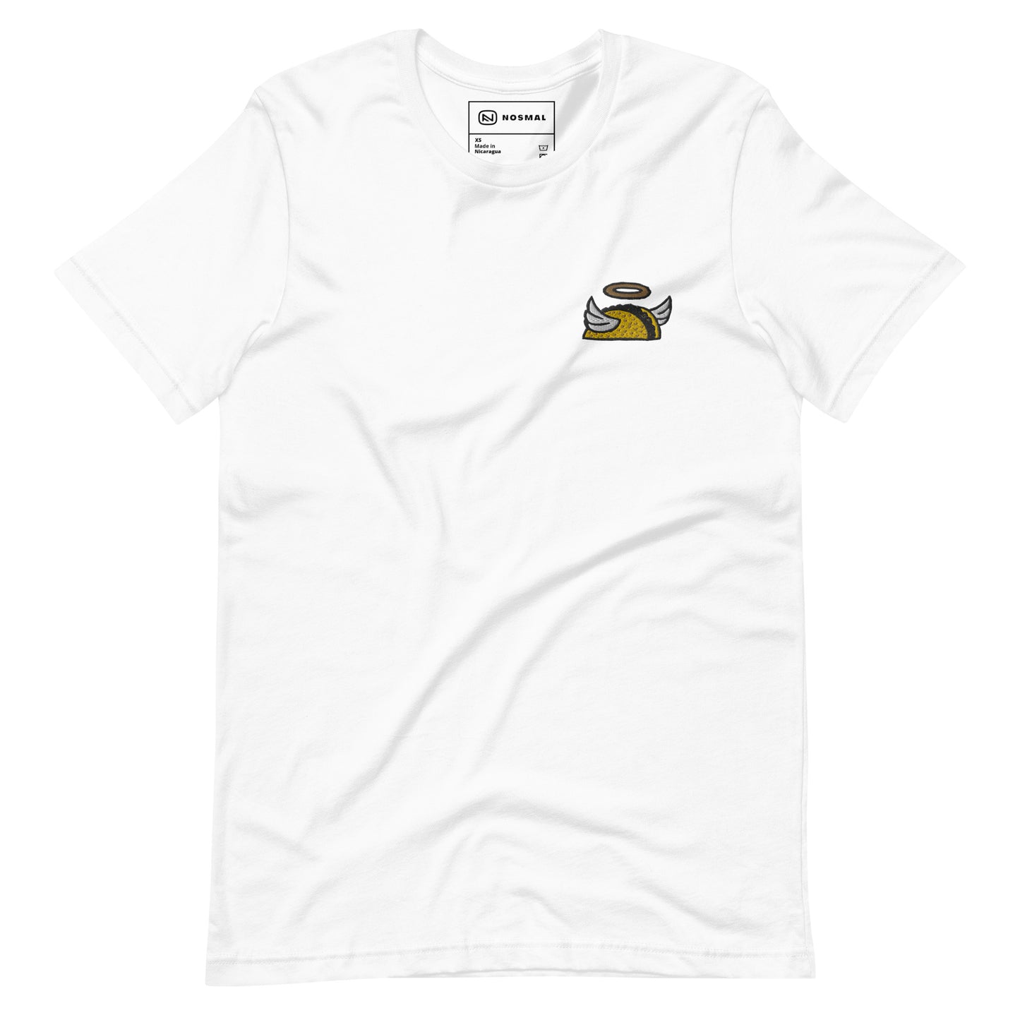 Straight on view of holy taco club embroidered design on white unisex t-shirt.