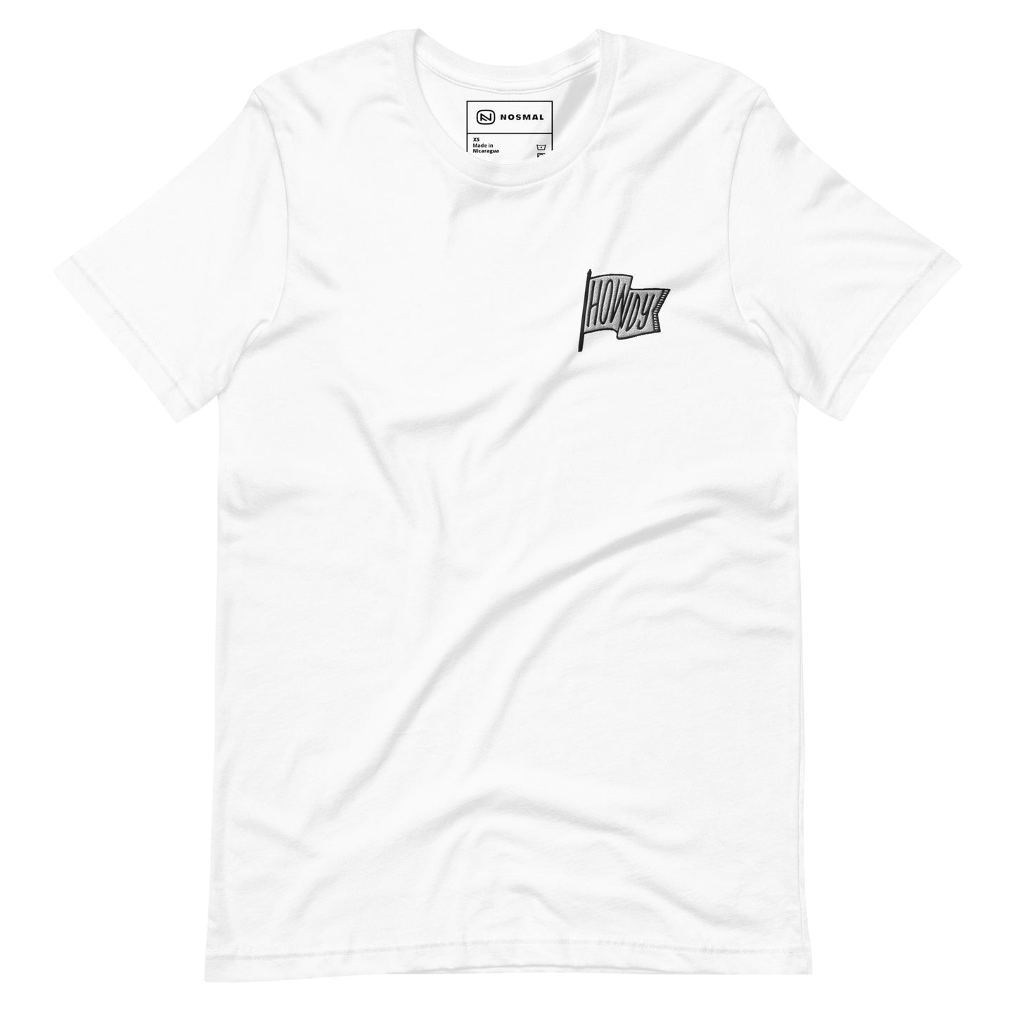 Straight on view of howdy embroidered design on white unisex t-shirt.