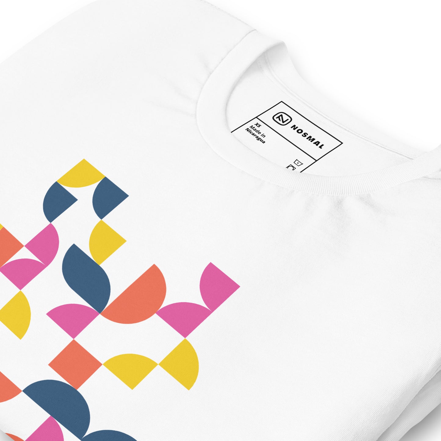 Angled close up shot of geometria I sunrise design on white unisex t-shirt.