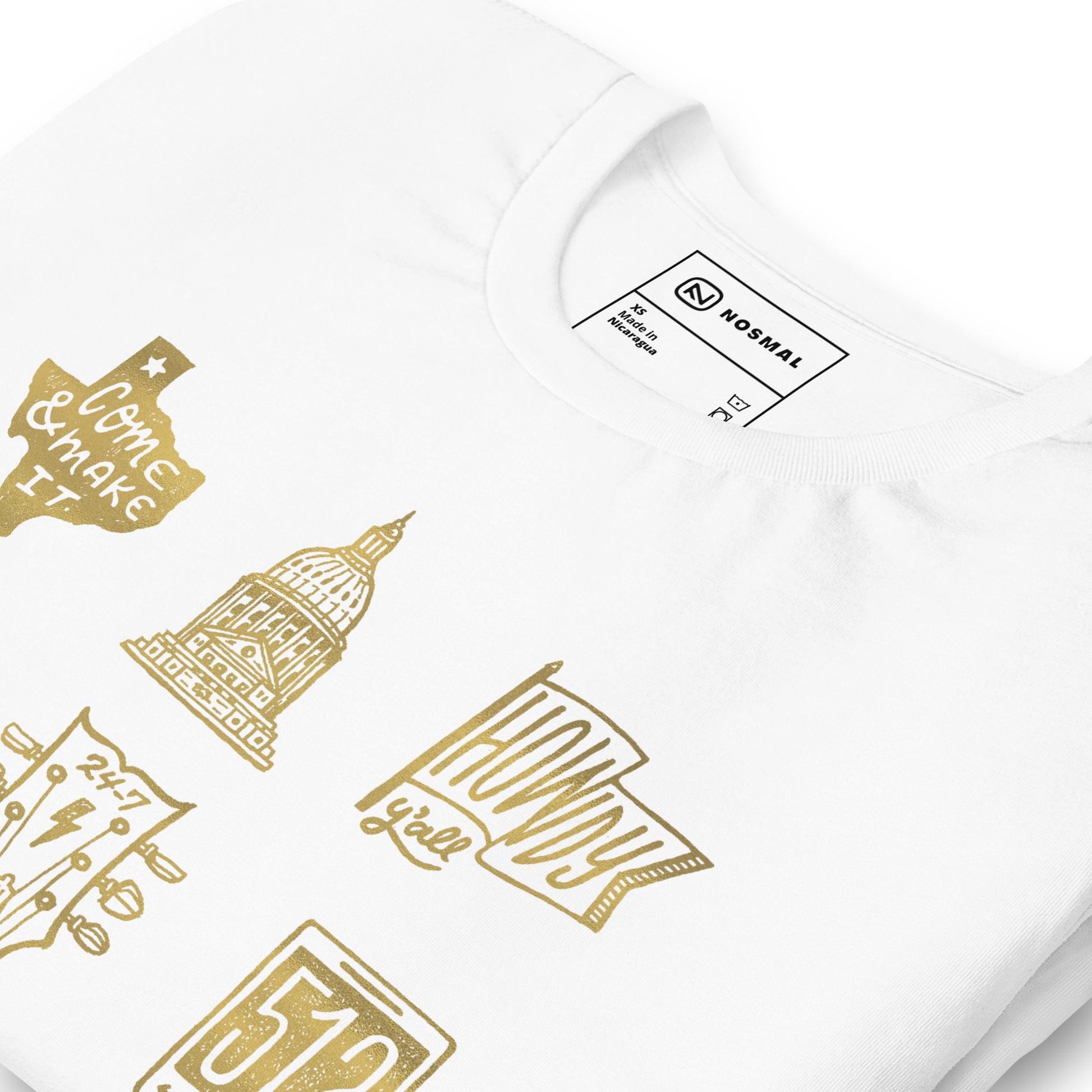 Angled close up shot of ode to 512 gold design on white unisex t-shirt.