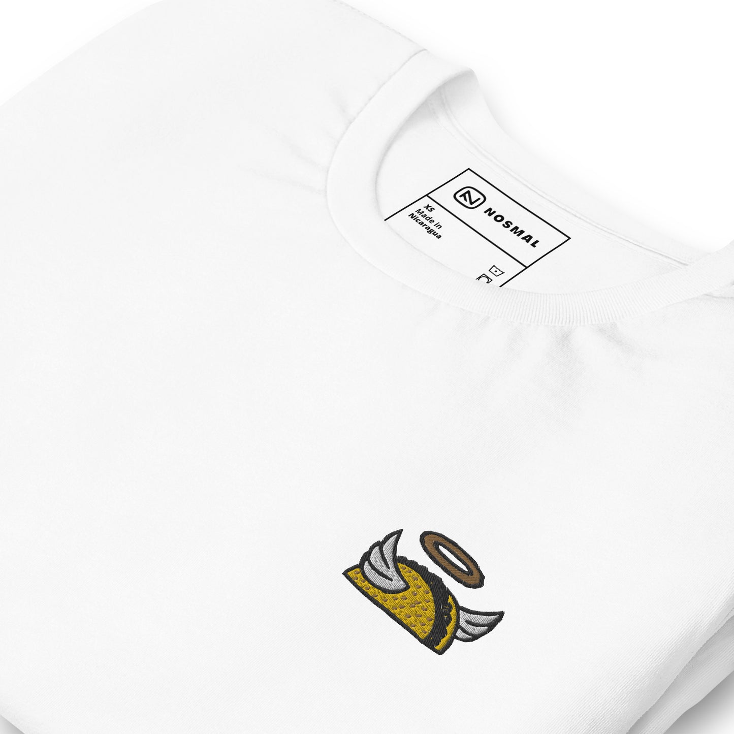 Angled close up holy taco club embroidered design on white unisex t-shirt.