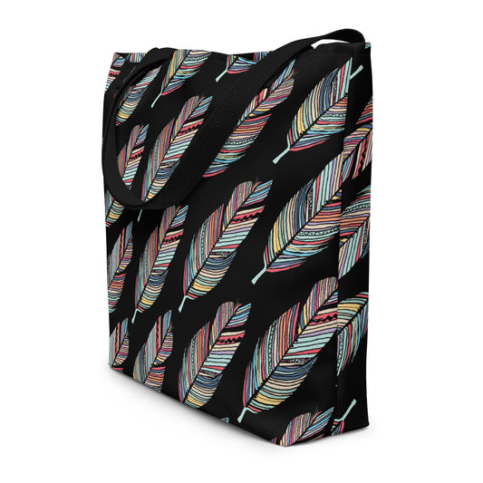 Prism Feather All-Over Print on Black Large Tote Bag with Interior Pocket