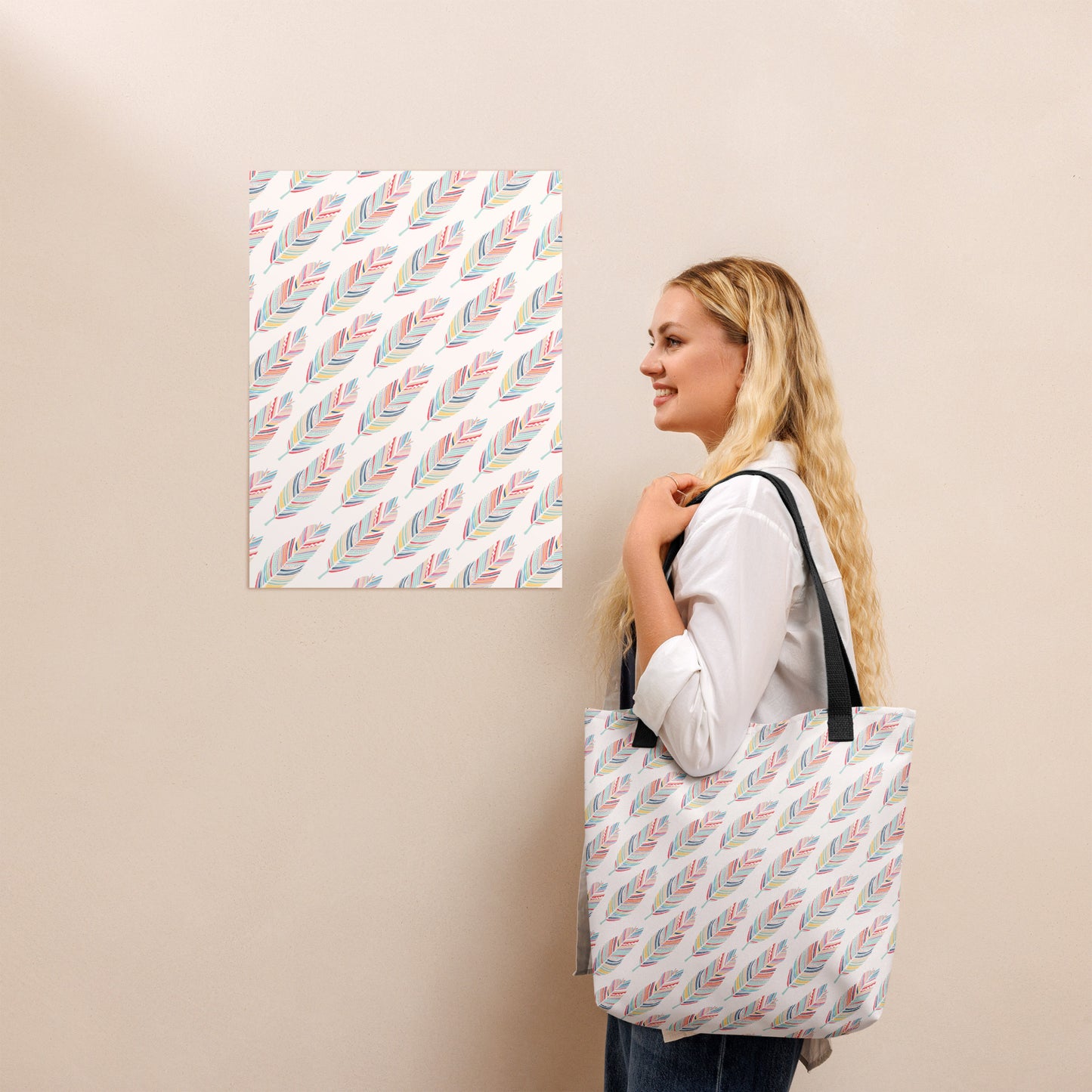 Prism Feather All-Over Print on White Medium Tote Bag
