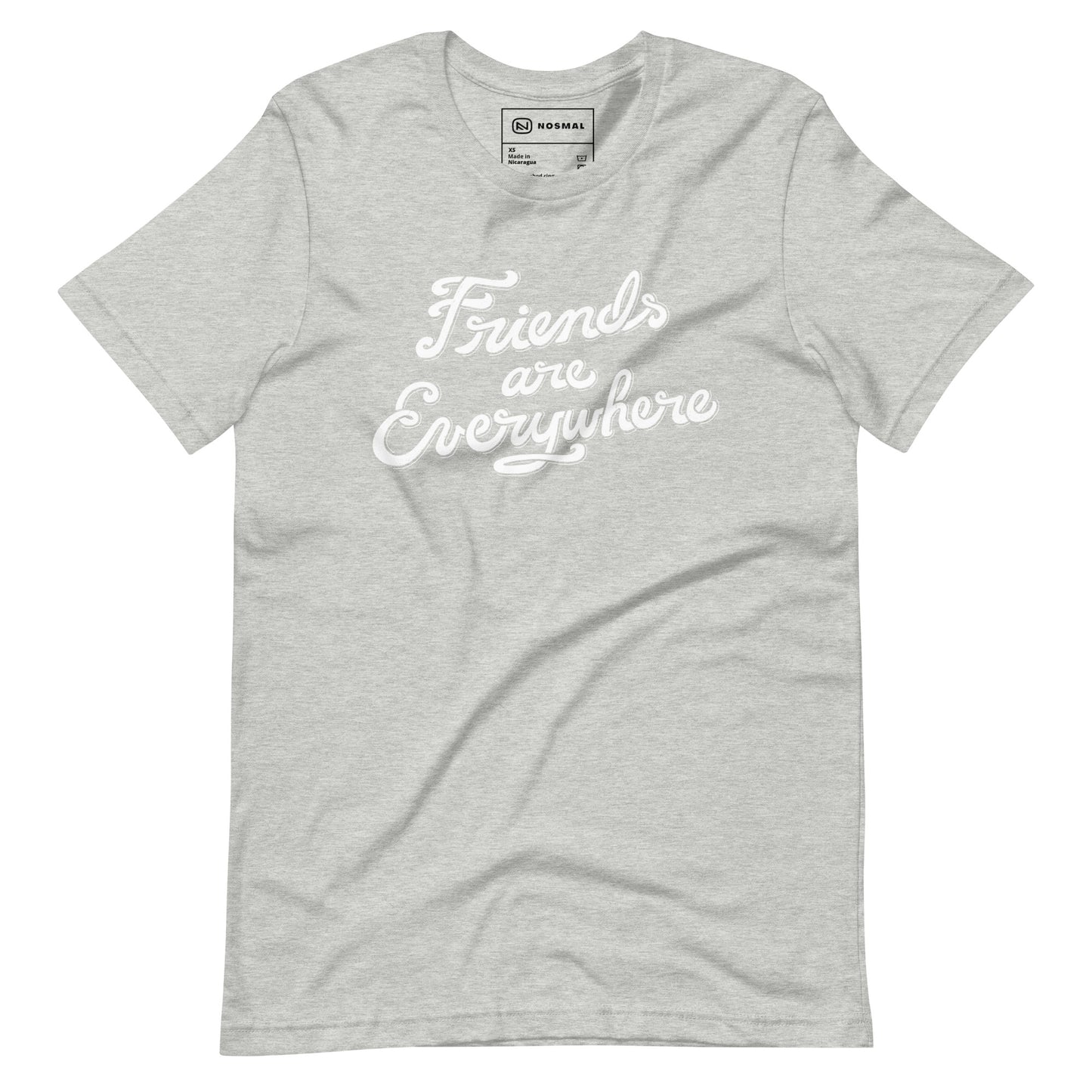 Straight on view of friends are everywhere design on heather athletic grey unisex t-shirt.