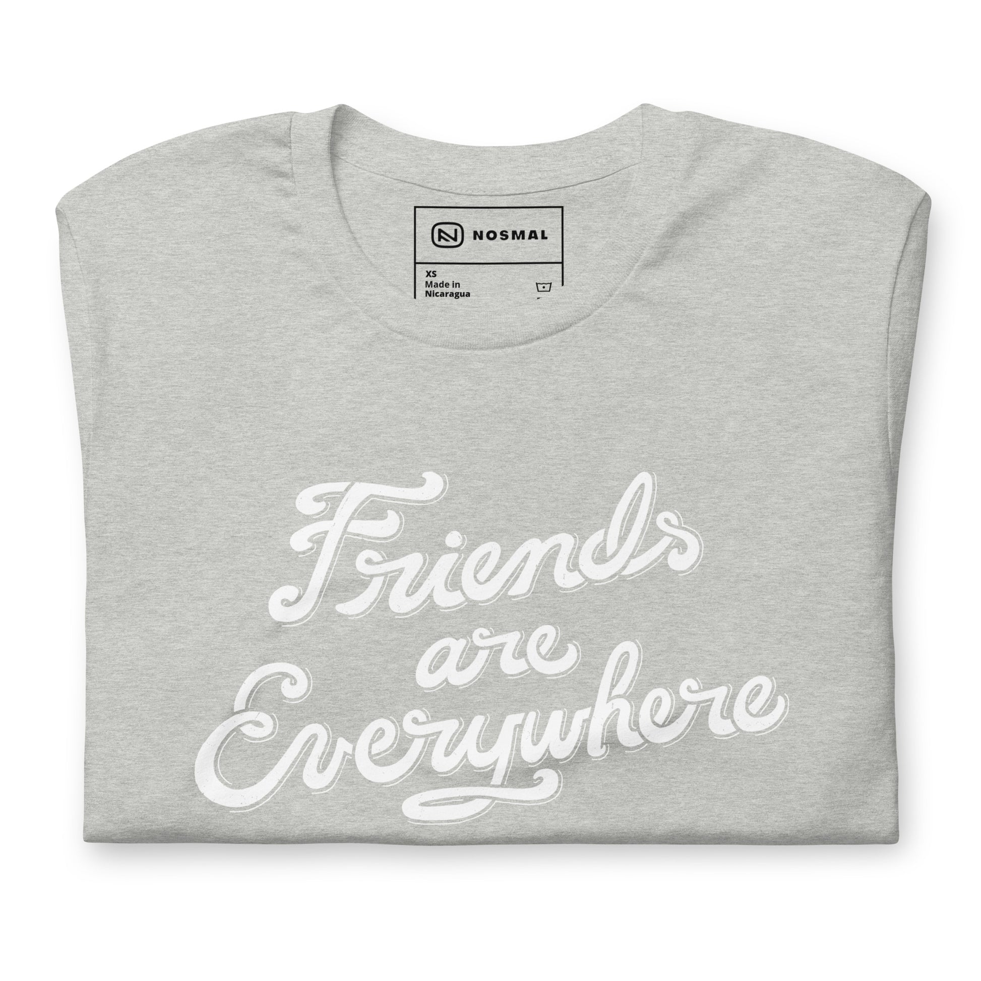 Top down view of friends are everywhere design on heather athletic grey unisex t-shirt.