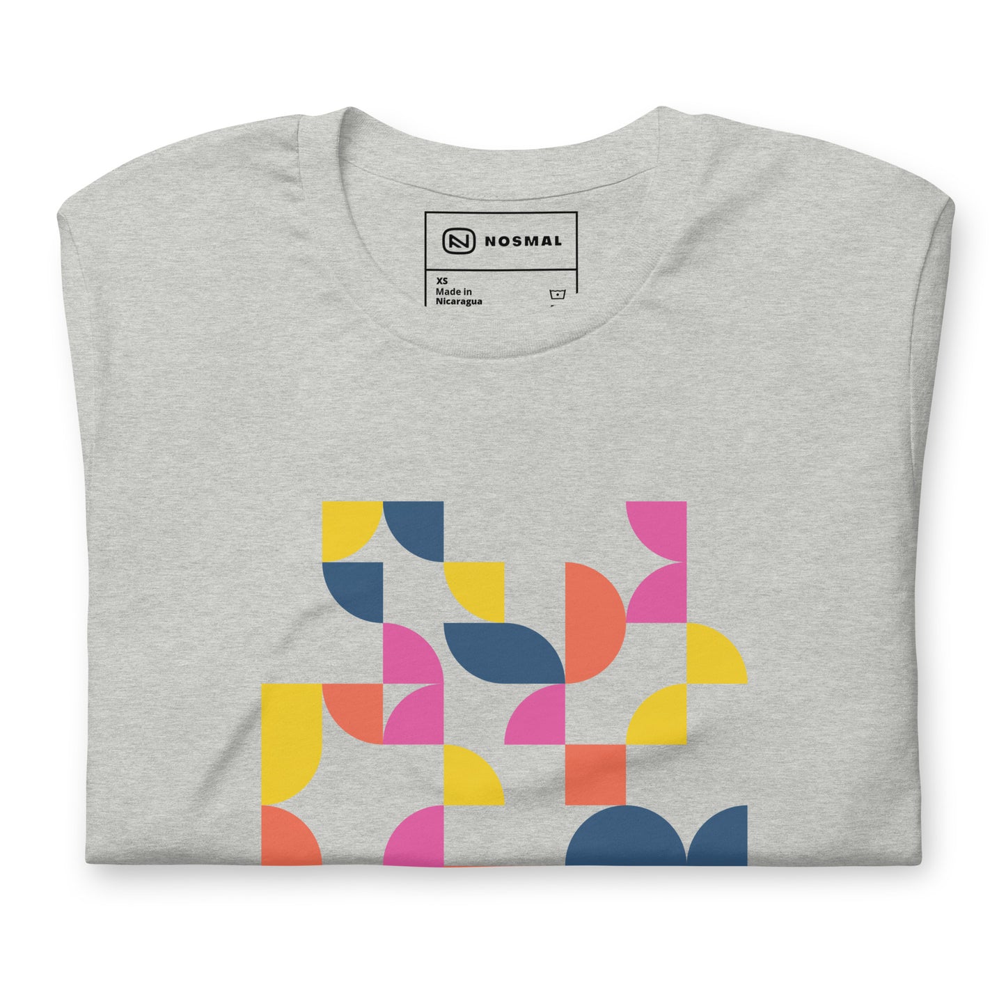 Top down view of geometria I sunrise design on heather athletic grey unisex t-shirt.