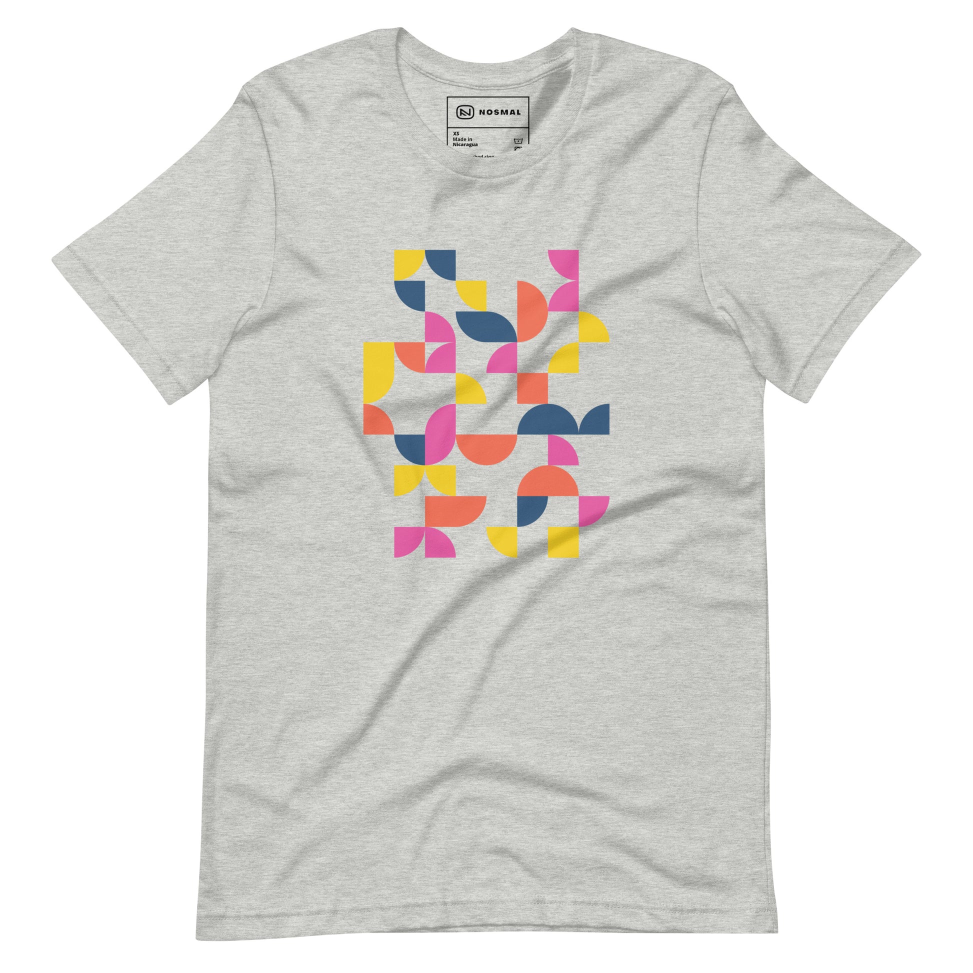 Straight on view of geometria I sunrise design on heather athletic grey unisex t-shirt.