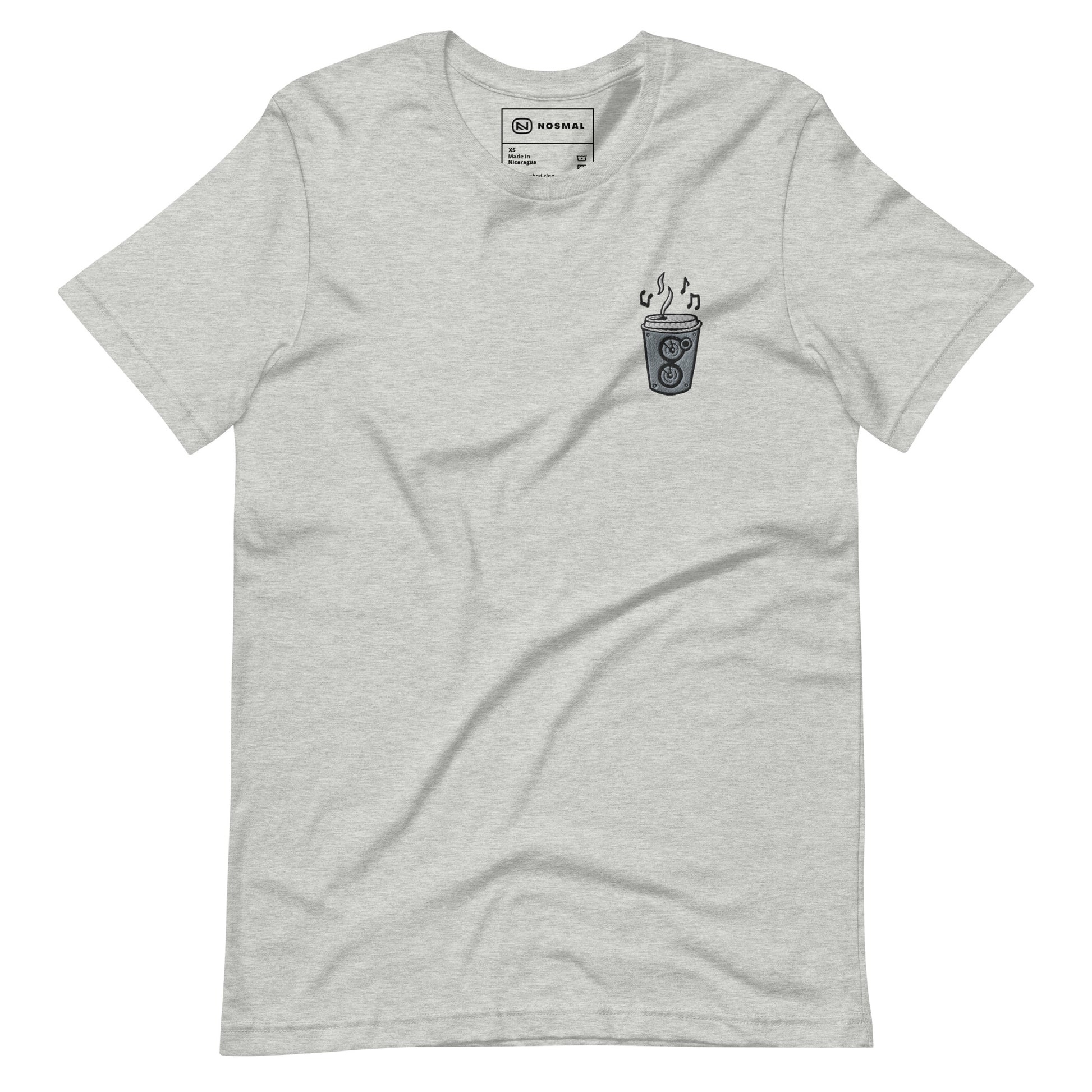 Straight on view of the coffee is my jam embroidered design on heather athletic grey unisex t-shirt.