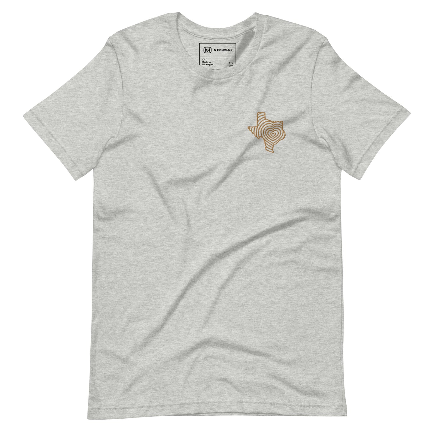Straight on view of heartbeat of texas gold embroidered design on heather athletic grey unisex t-shirt.