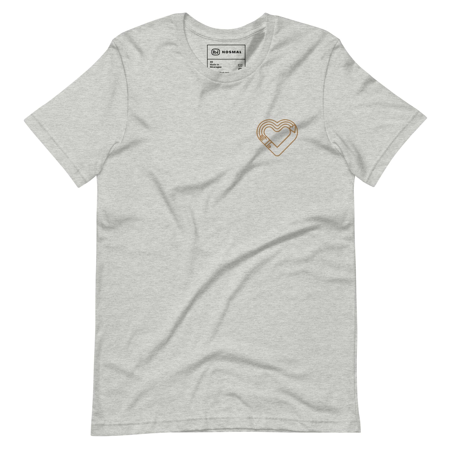 Straight on view of maker's heart II gold embroidered design on heather athletic grey unisex t-shirt.