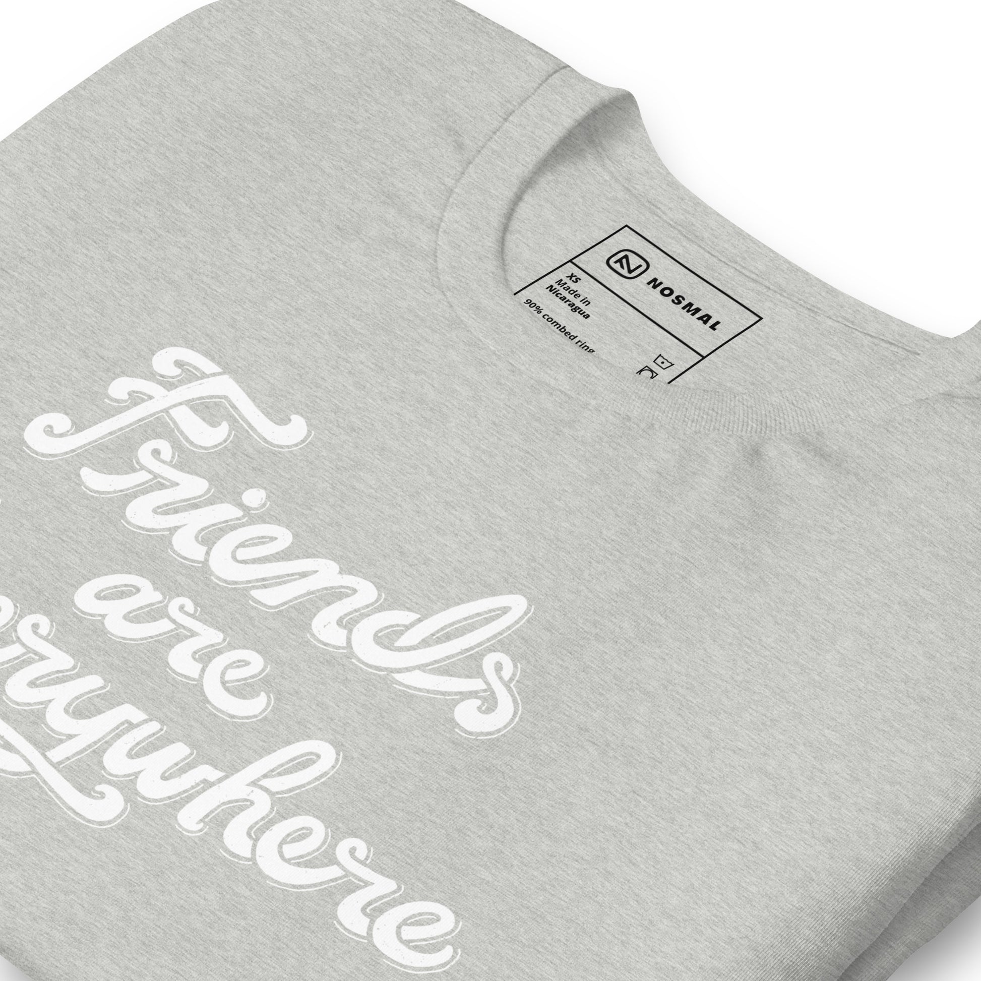 Angled close up shot of friends are everywhere design on heather athletic grey unisex t-shirt.