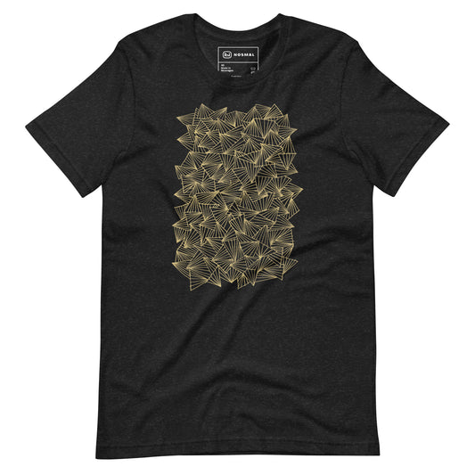 Straight on view of gaggle of triangles gold design on heather black unisex t-shirt.