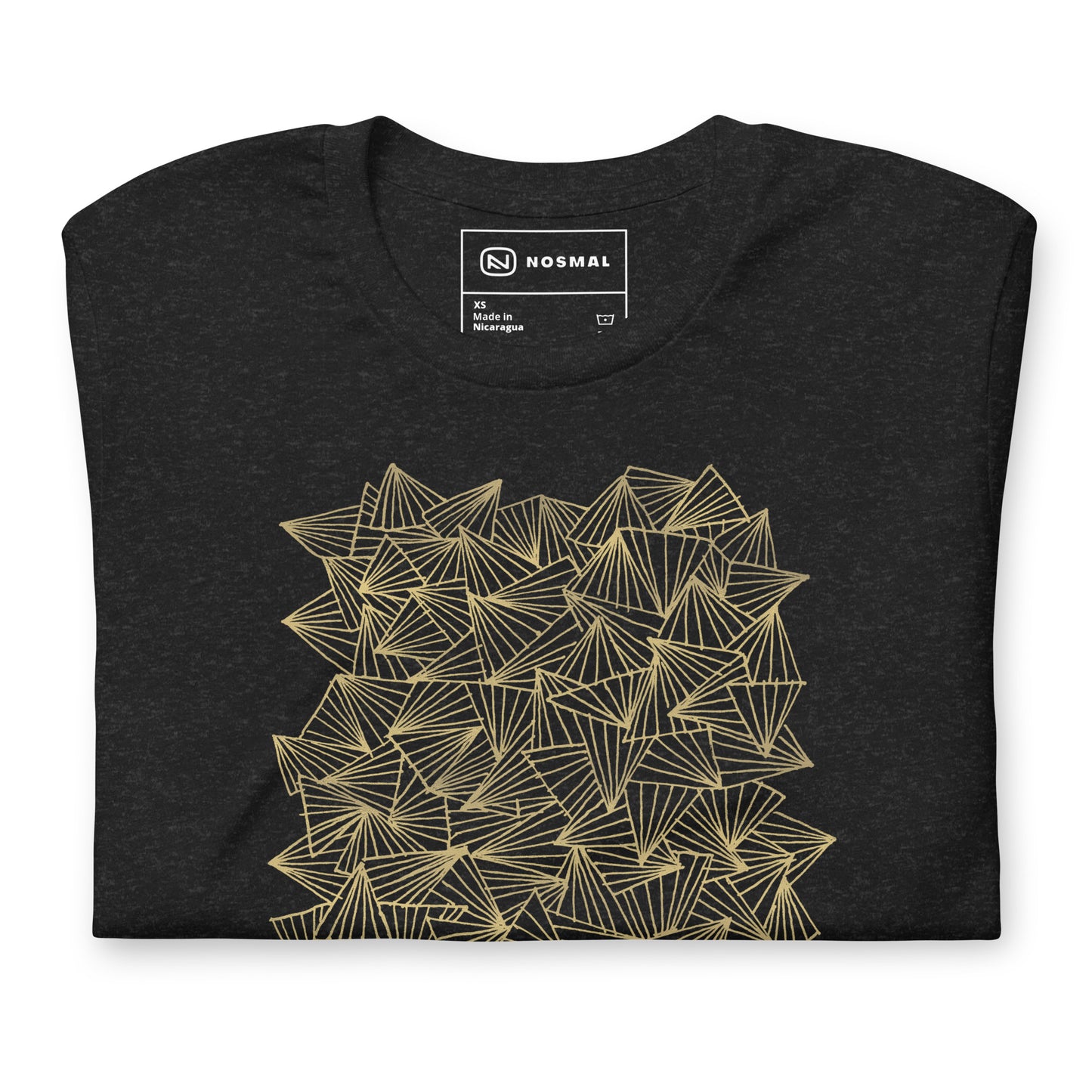 Top down view of gaggle of triangles gold design on heather black unisex t-shirt.