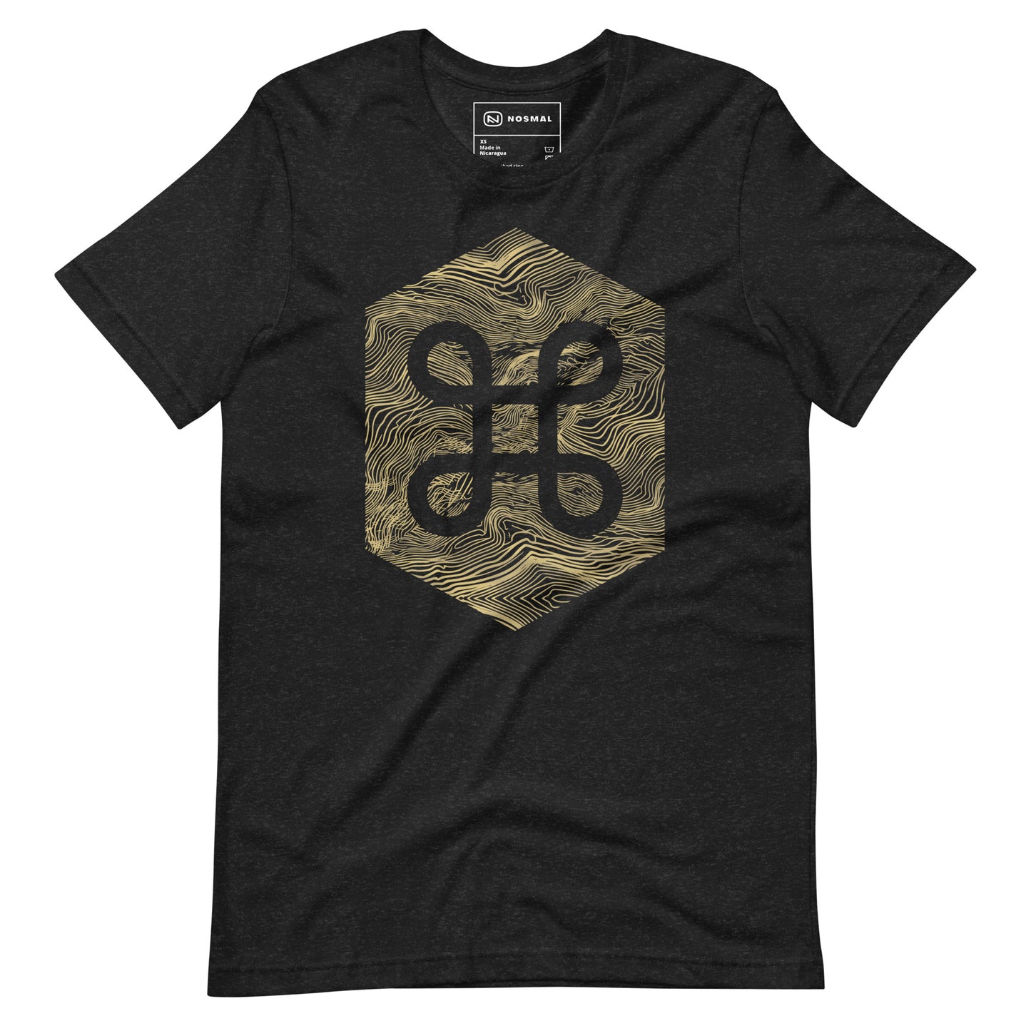 Straight on view of the commander gold design on heather black unisex t-shirt.