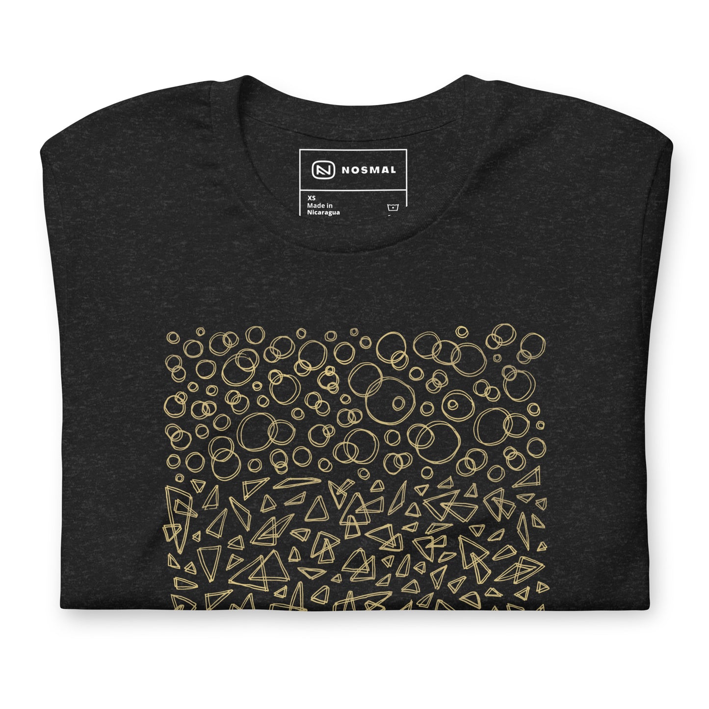 Top down view of geometrinity gold design on heather black unisex t-shirt.