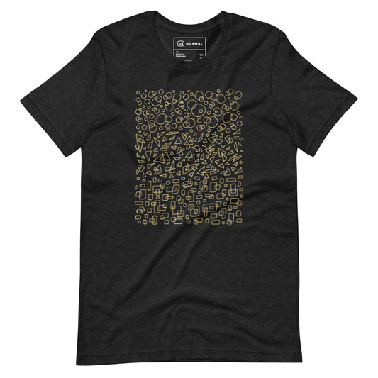 Straight on view of geometrinity gold design on heather black unisex t-shirt.
