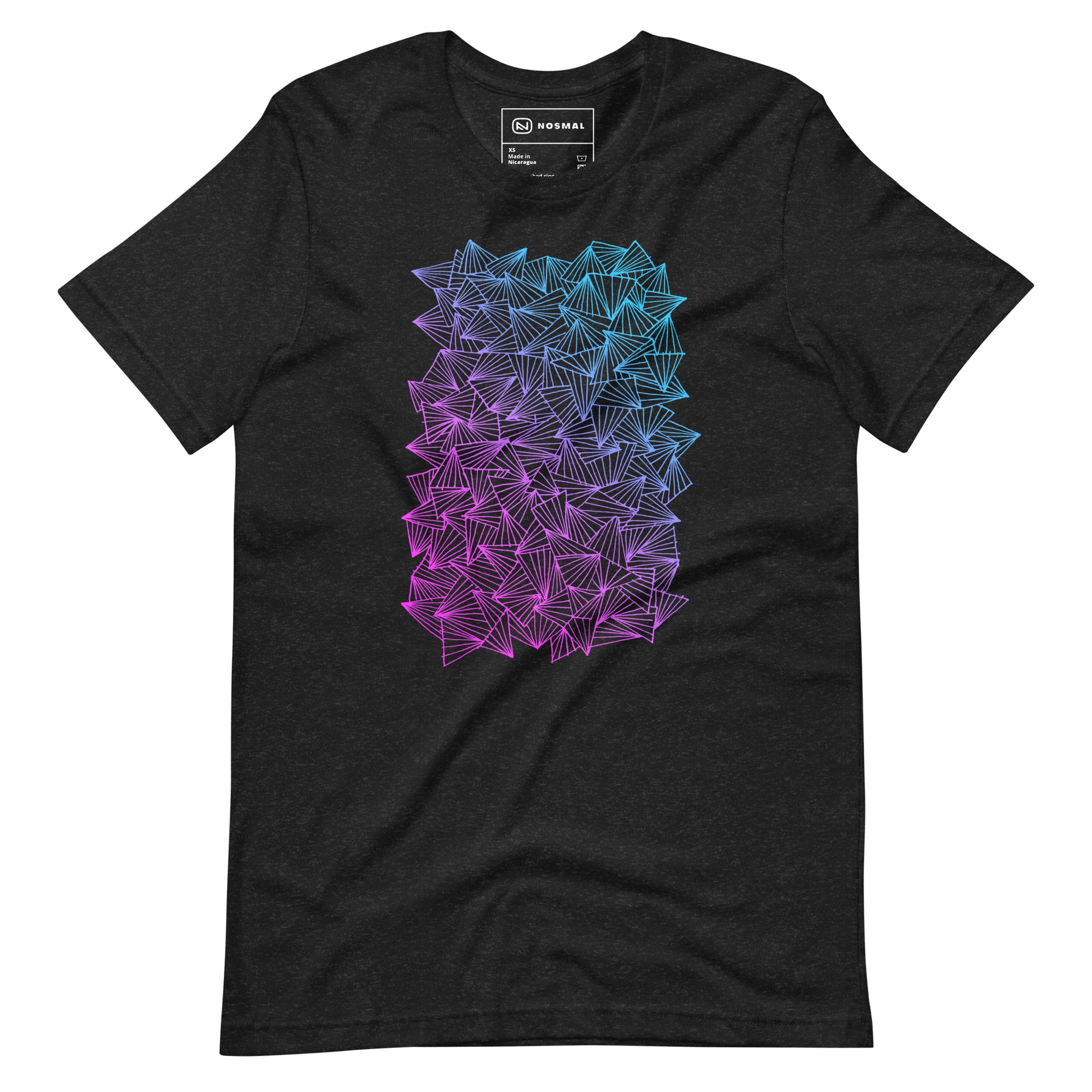 Straight on view of gaggle of triangles gradient design on heather black unisex t-shirt.