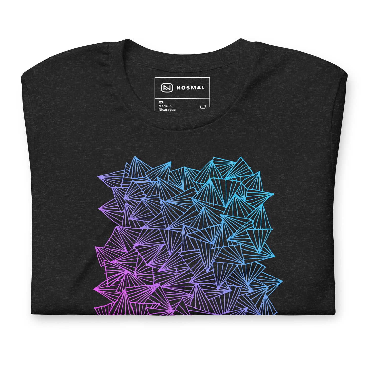 Top down view of gaggle of triangles gradient design on heather black unisex t-shirt.