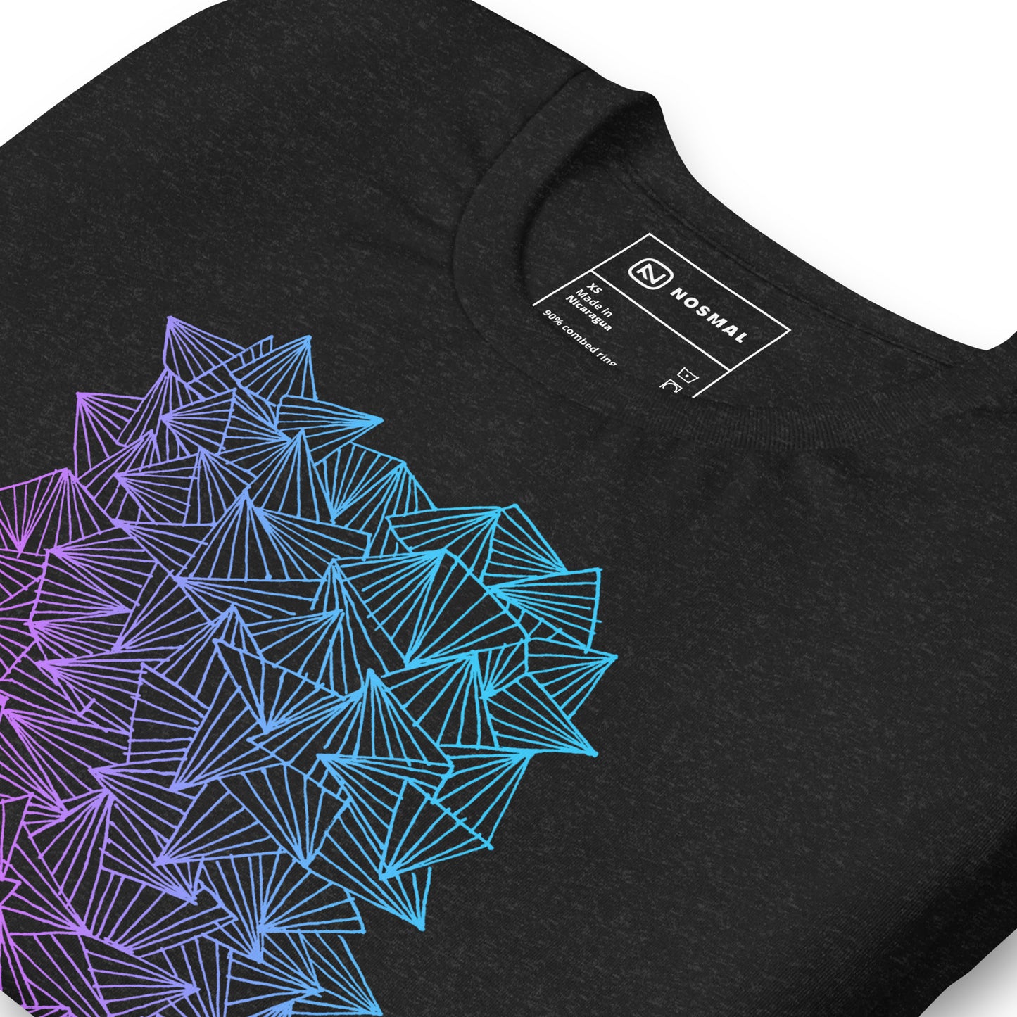 Angled close up shot of gaggle of triangles gradient design on heather black unisex t-shirt.
