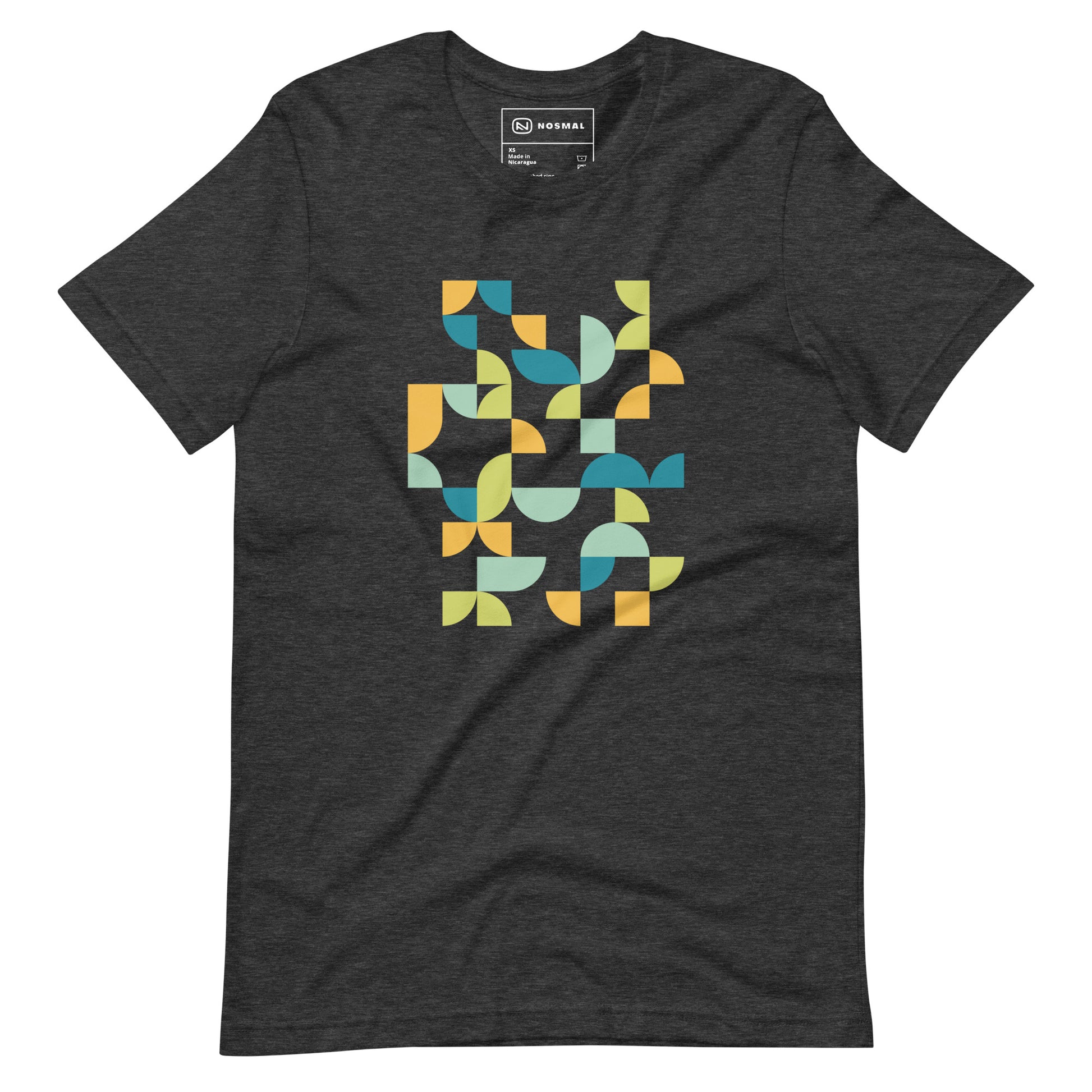 Straight on view of geometria I midday design on heather dark grey unisex t-shirt.