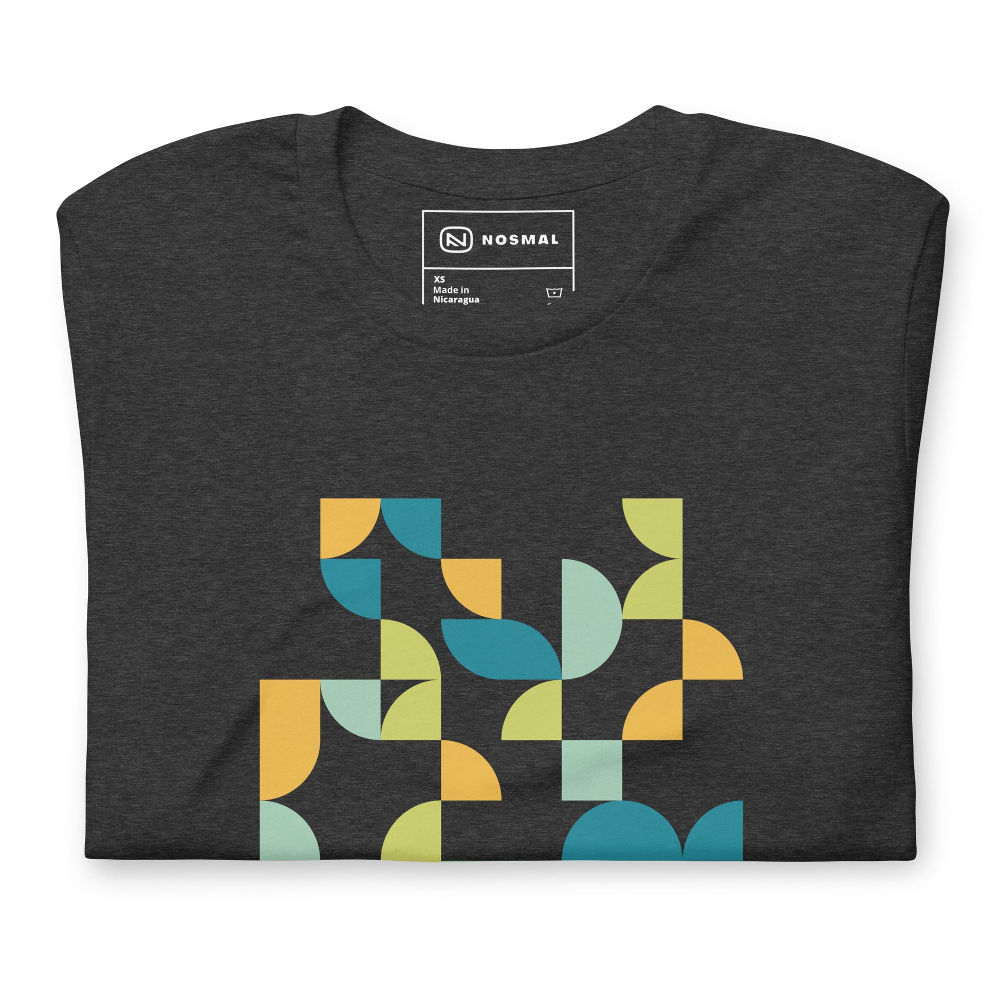 Top down view of geometria I midday design on heather dark grey unisex t-shirt.