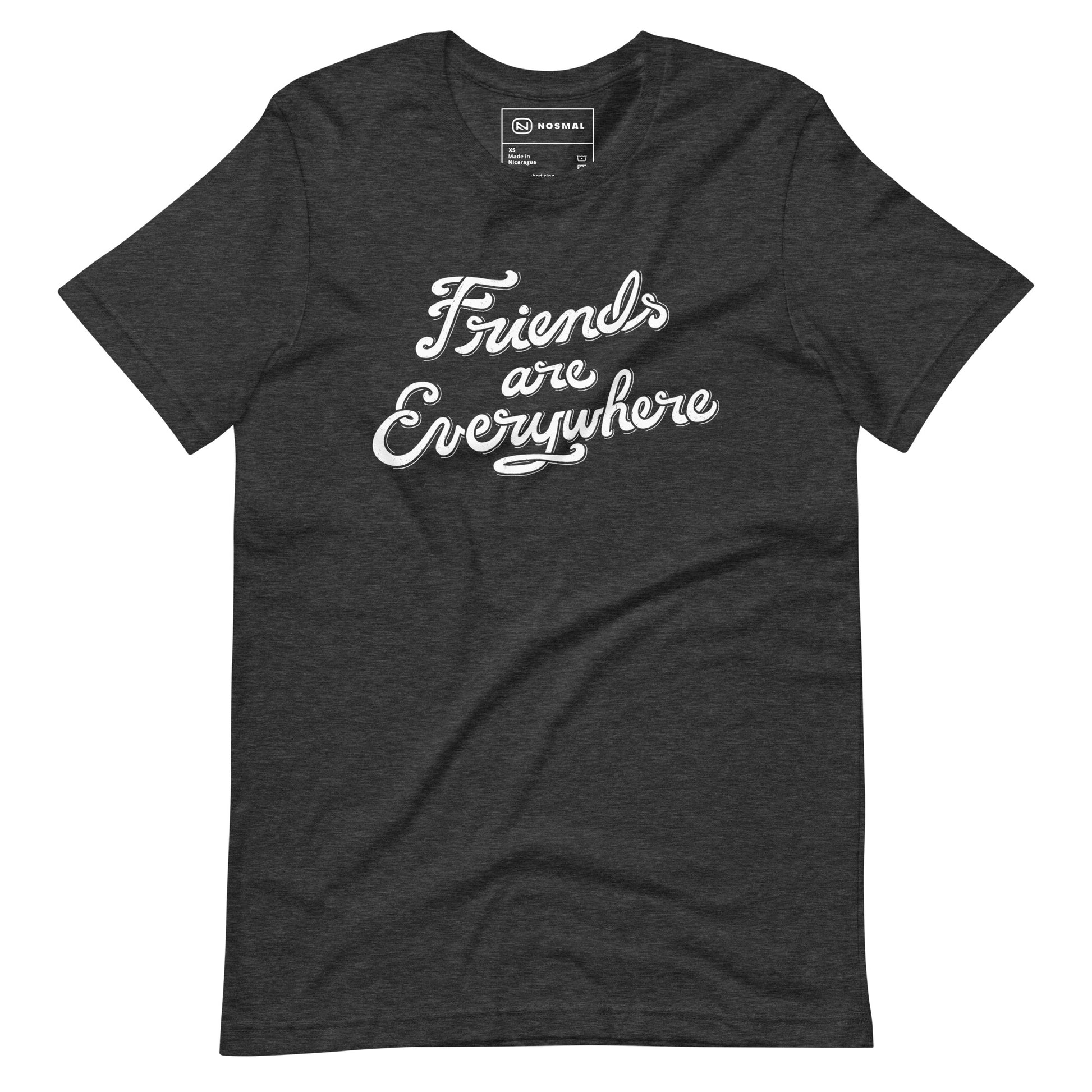 Straight on view of friends are everywhere design on heather dark grey unisex t-shirt.