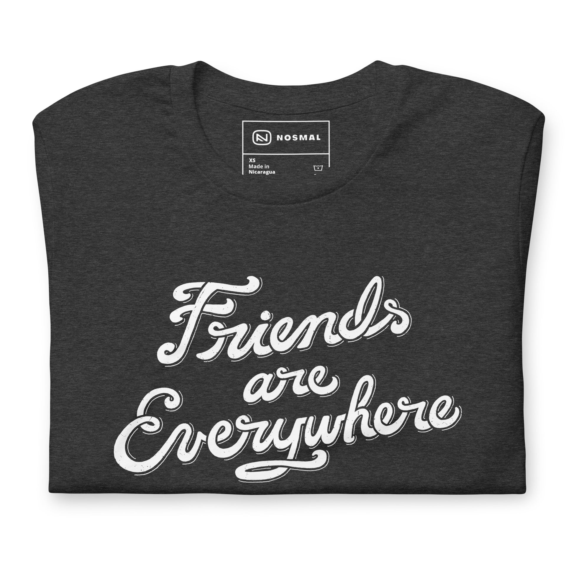 Top down view of friends are everywhere design on heather dark grey unisex t-shirt.
