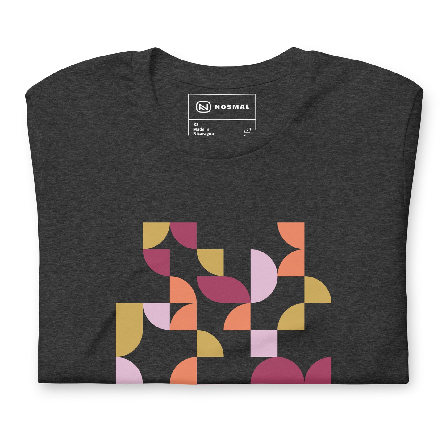 Top down view of geometria I sunset design on heather dark grey unisex t-shirt.