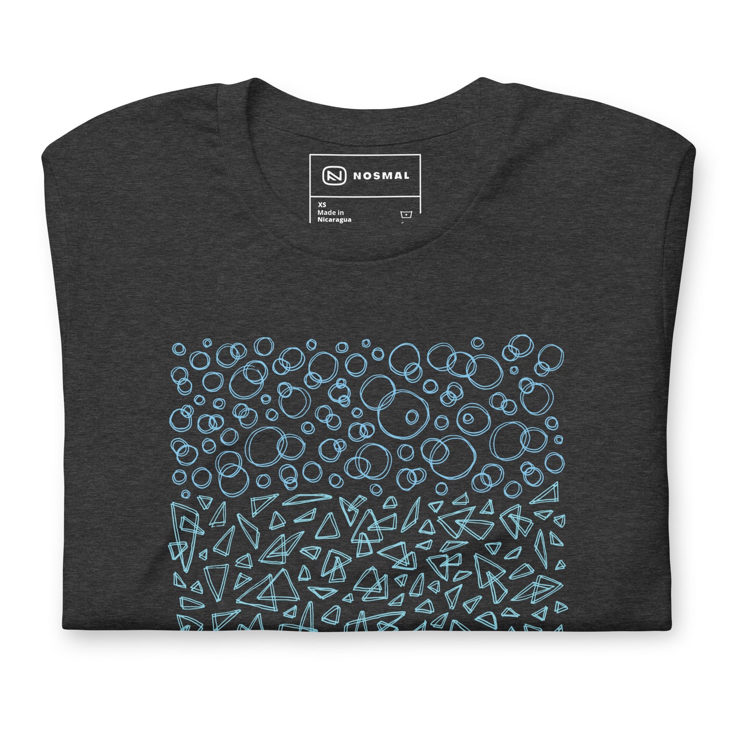 Top down view of geometrinity azure design on heather dark grey unisex t-shirt.