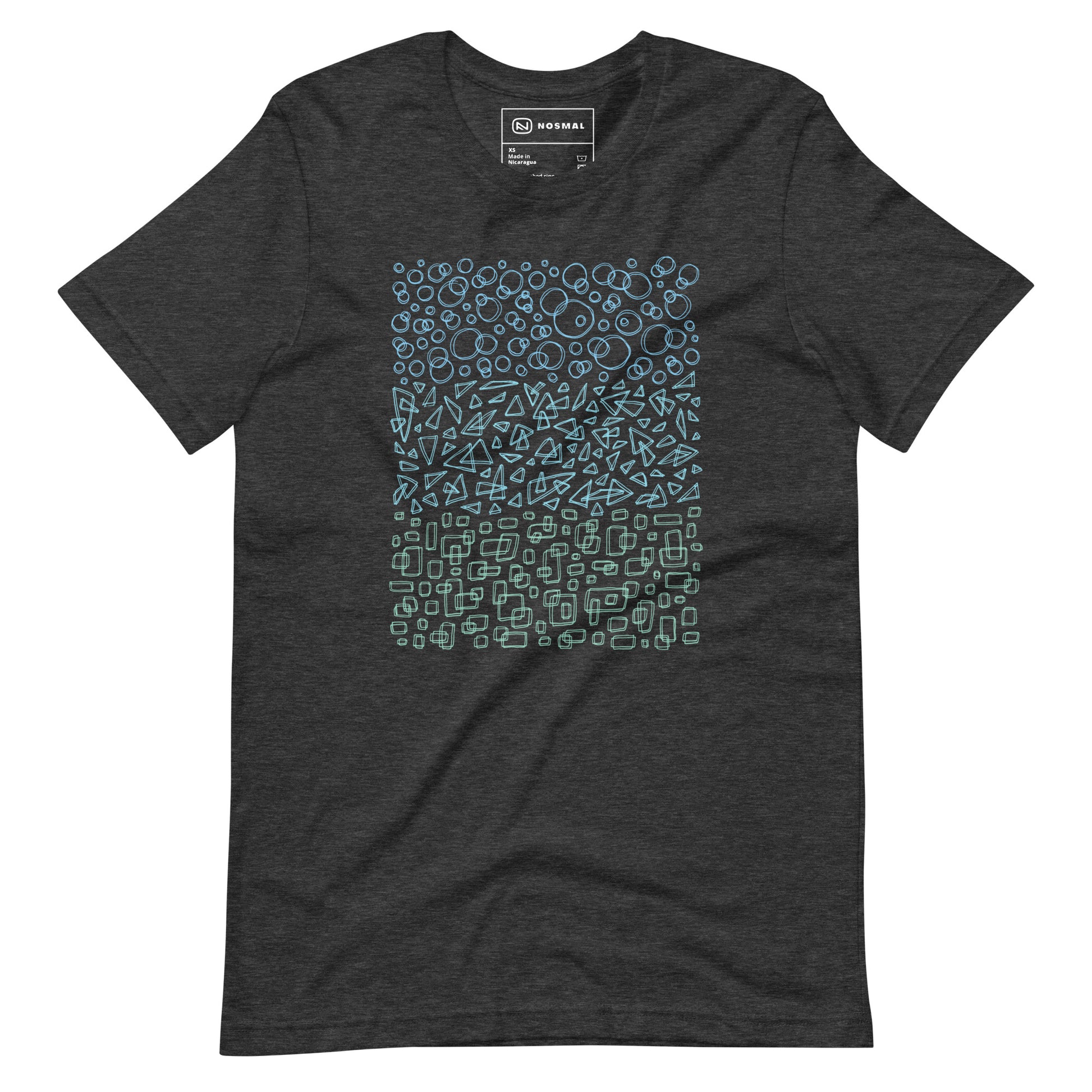 Straight on view of geometrinity azure design on heather dark grey unisex t-shirt.