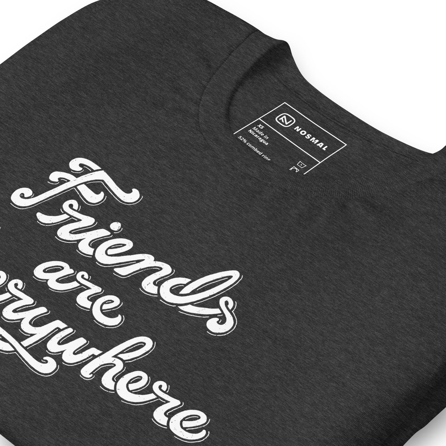 Angled close up shot of friends are everywhere design on heather dark grey unisex t-shirt.