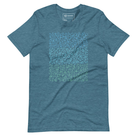 Straight on view of geometrinity azure design on heather deep teal unisex t-shirt.