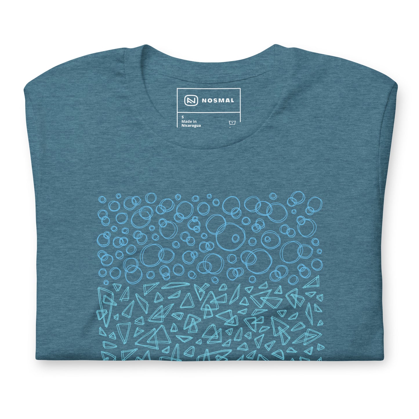 Top down view of geometrinity azure design on heather deep teal unisex t-shirt.
