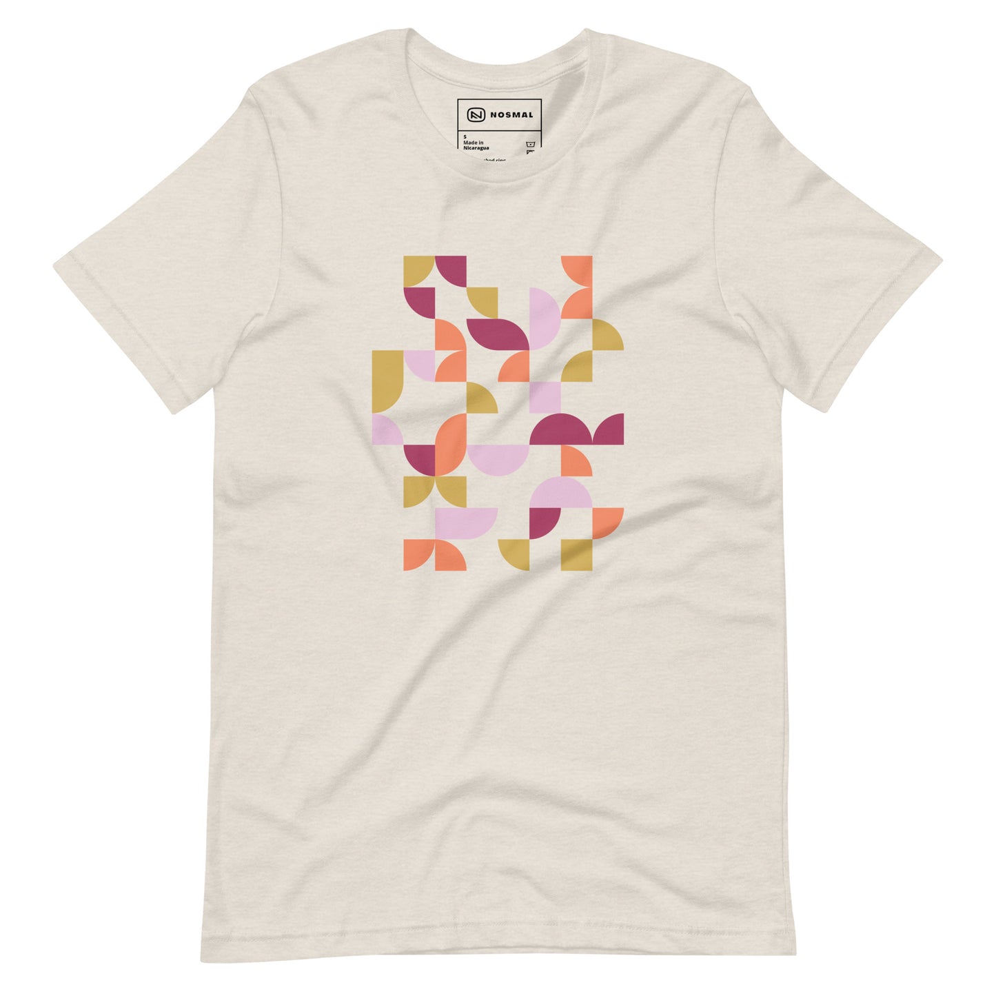 Straight on view of geometria I sunset design on heather dust unisex t-shirt.